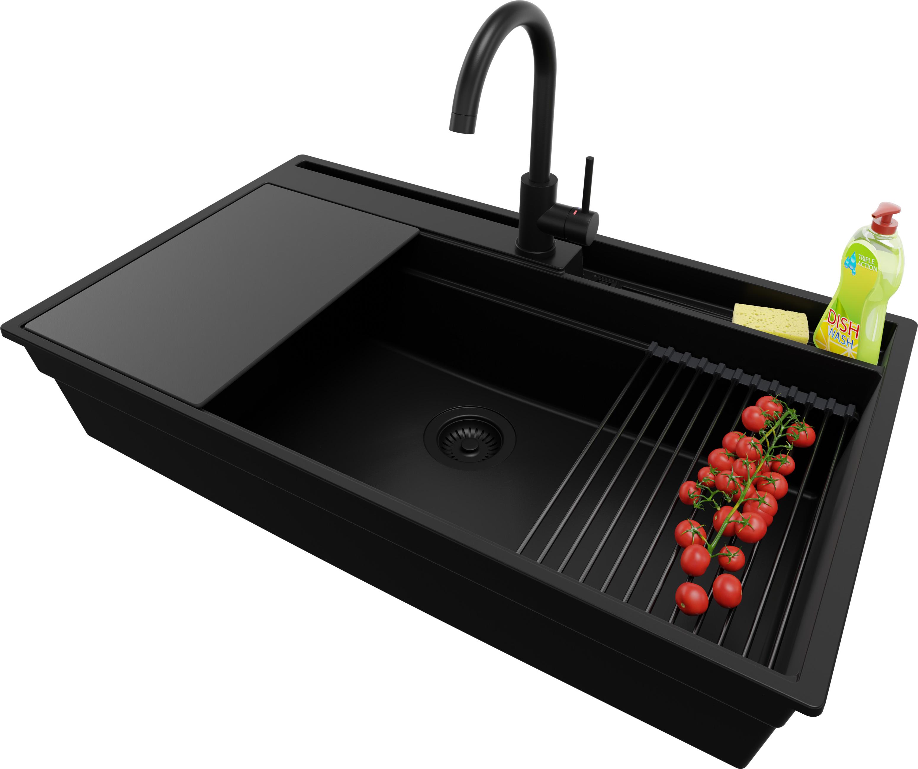 PRIMAGRAN Granitspüle Alles Schwarz 88x53cm, Spülbecken 1 Becken + Ablauf-Set + Küchenzubehörset, Küchenspüle ab 90er Unterschrank - Oslo Pocket