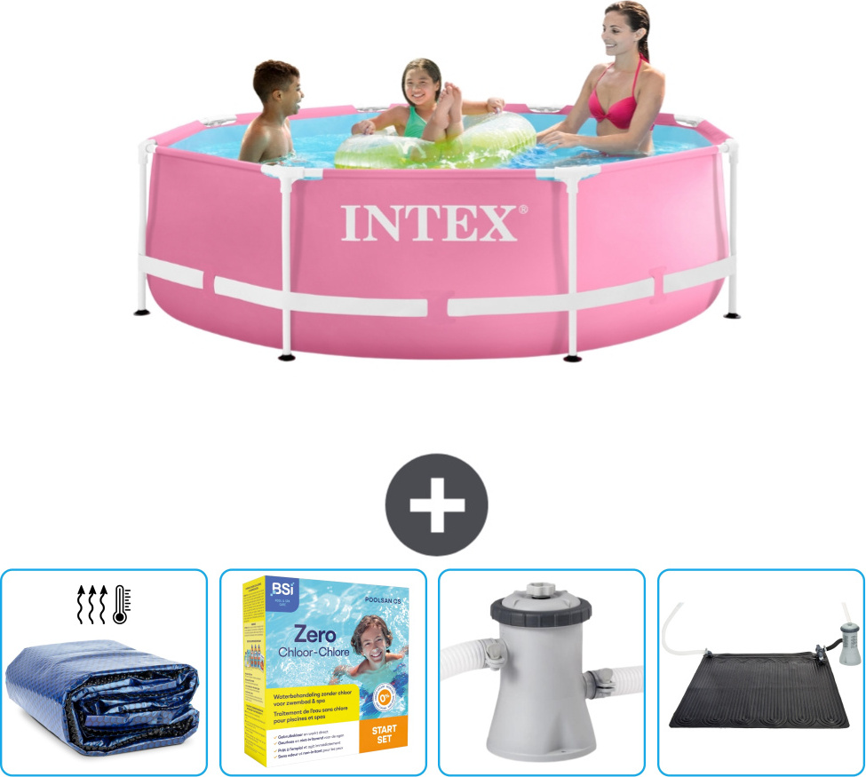 Bazén Intex s okrúhlym rámom - 244 x 76 cm - ružový - obsahuje markízu - balík na údržbu - filtračné čerpadlo pre bazén - solárna podložka