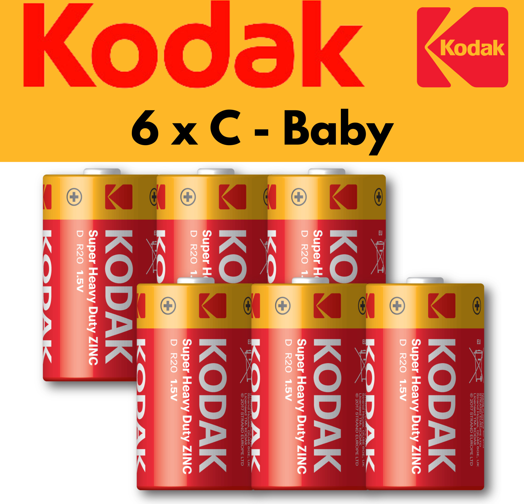 Kodak Batterien, C Baby 6er Pack, Markenqualität, R14, Zink Kohle, 1,5V