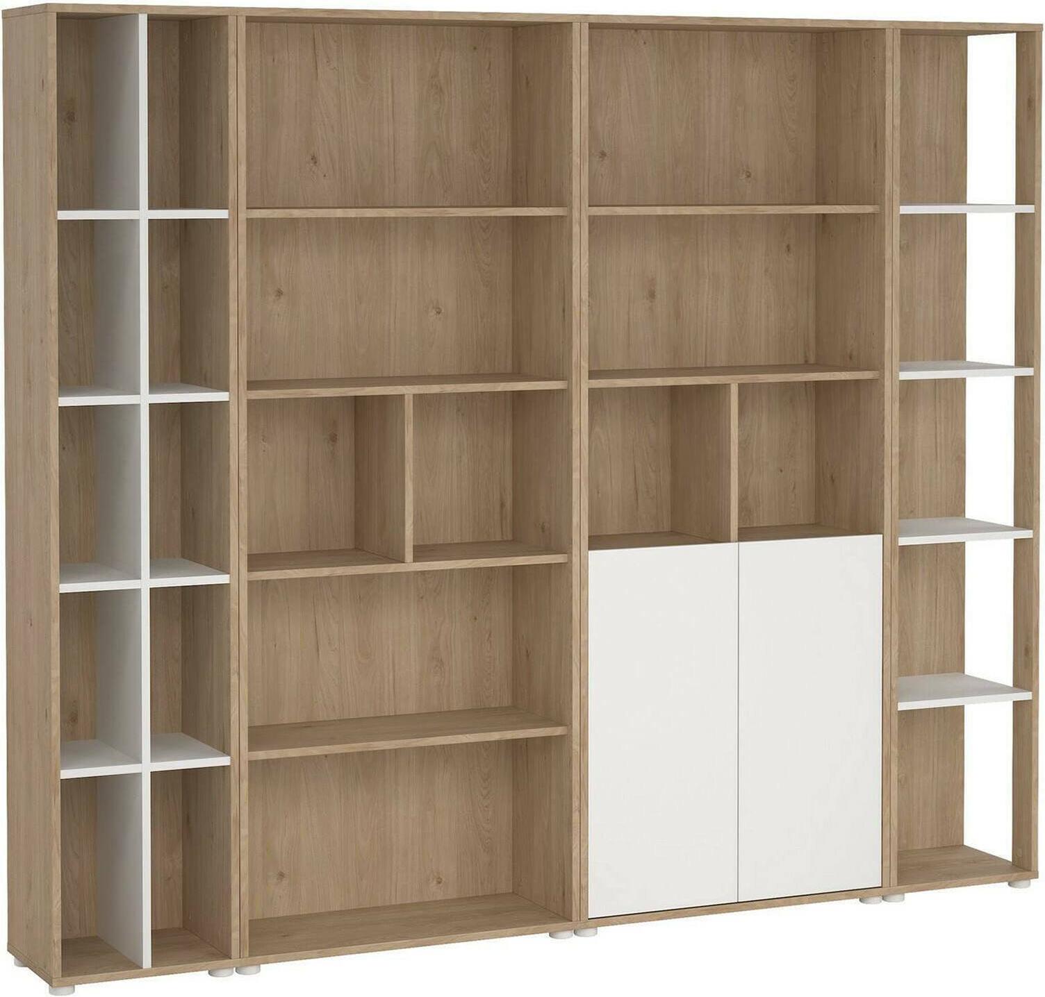 Dmora Wohnzimmermöbel Litvjak, Modulares Wohnzimmerset, Mehrzweck-Wohnzimmermöbel, Moderner TV-Schrank, 241x34 h205 cm, Eiche und Weiß