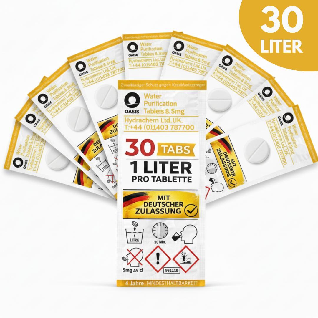 JUNG Oasis 30x1L (30L) Trinkwasseraufbereitung Tabletten 8,5mgGE+ faltbarer Wasserkanister 10L Camping Wasserentkeimung Wasseraufbereitung Trinkwasser 910147