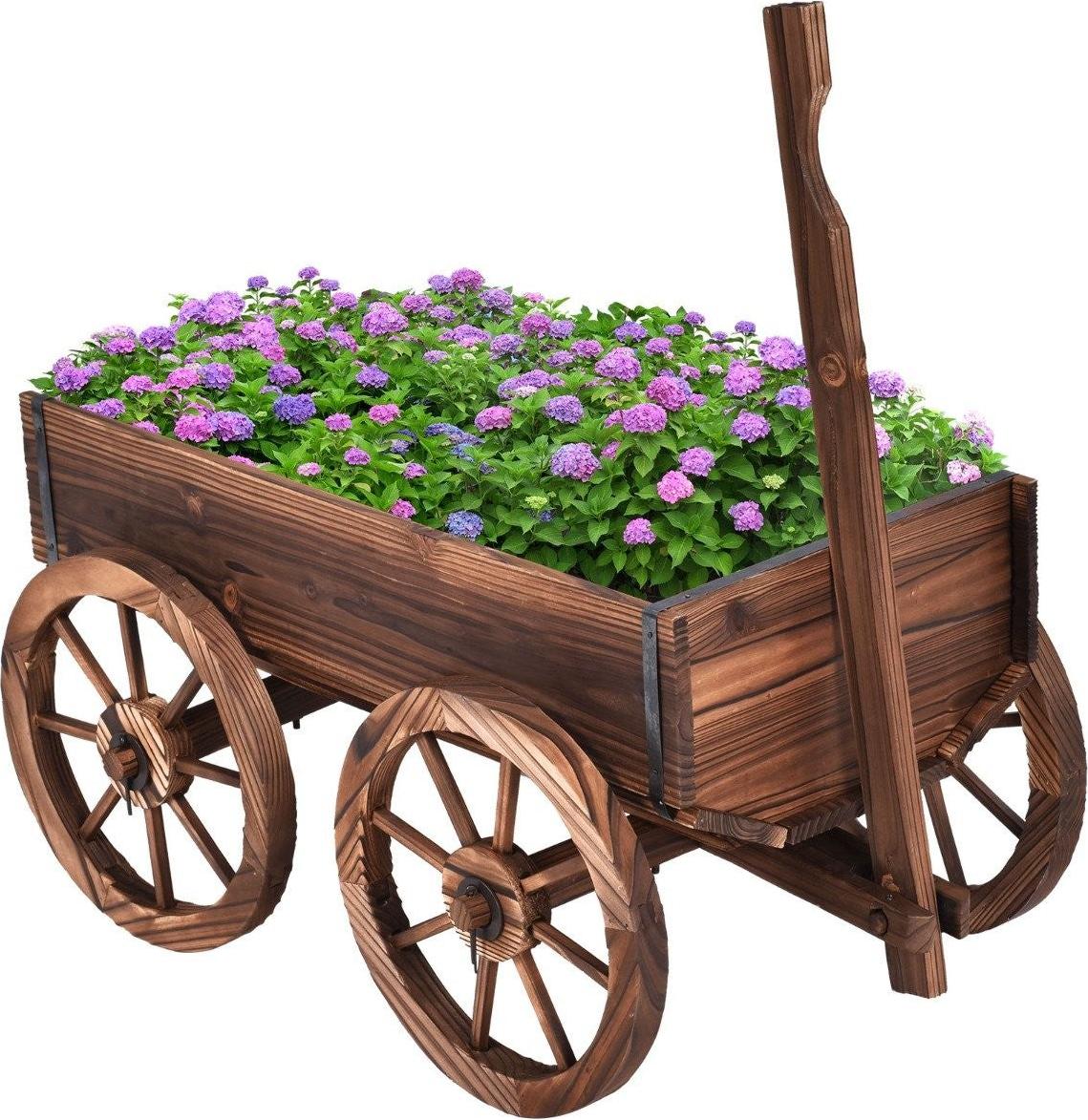 Northio Blumenwagen Holz Pflanzwagen mit 4 Rädern Blumenkarre 120 x 43 x 53,5 cm Braun