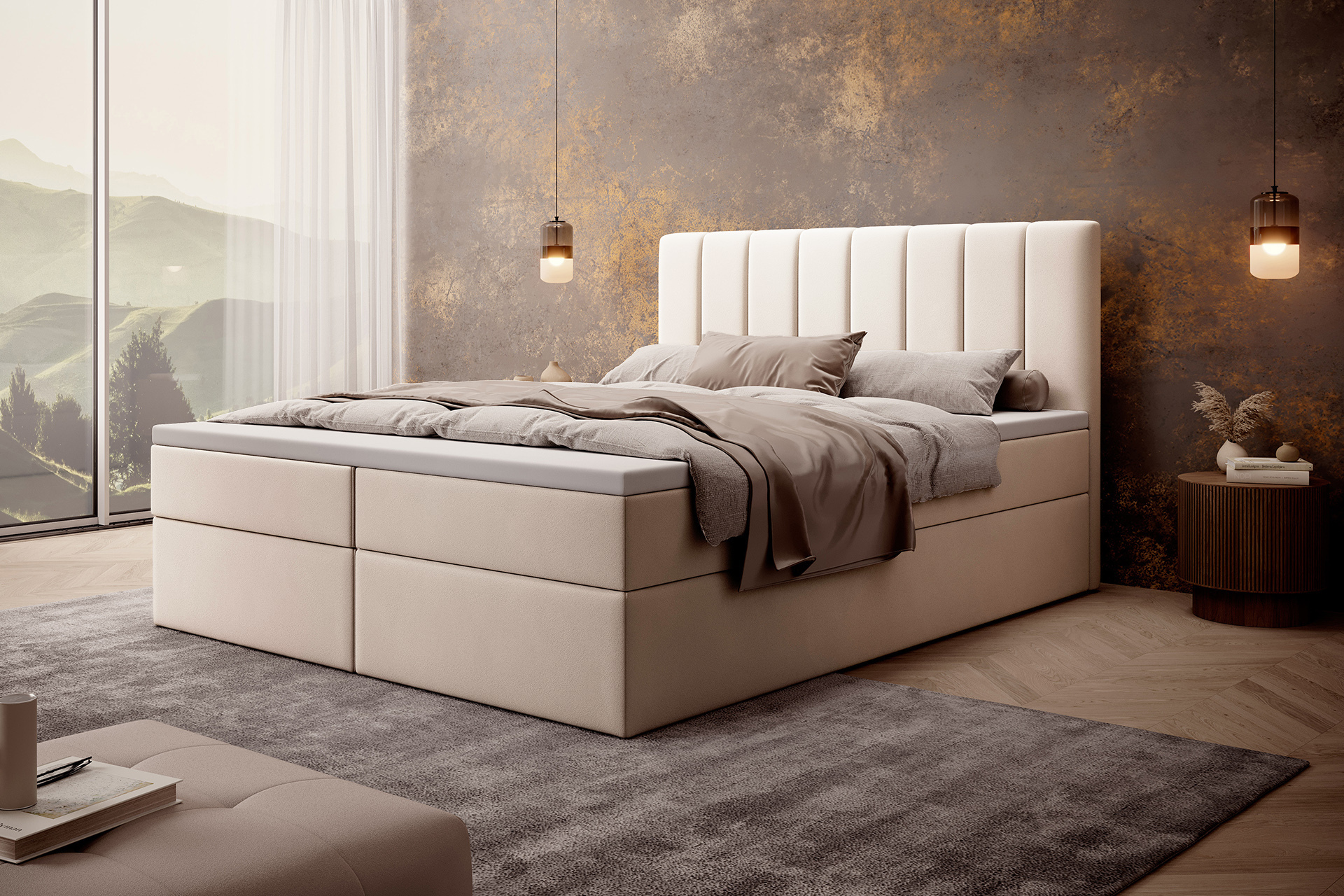 MyBed Allen box spring bed Čalúnená posteľ s čelom Posteľná skrinka 200x200 Bonnell matrac H2 Topper Beige