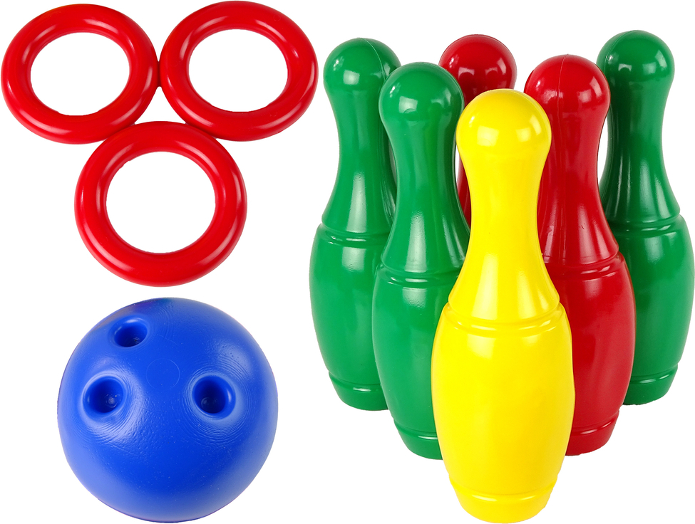 Hemar Bowling-Set für Kinder ab 1 Jahr mit 6 stapelbaren Kegeln, 3 Ringo Pucks und Bowlingkugel mit Grifflöchern