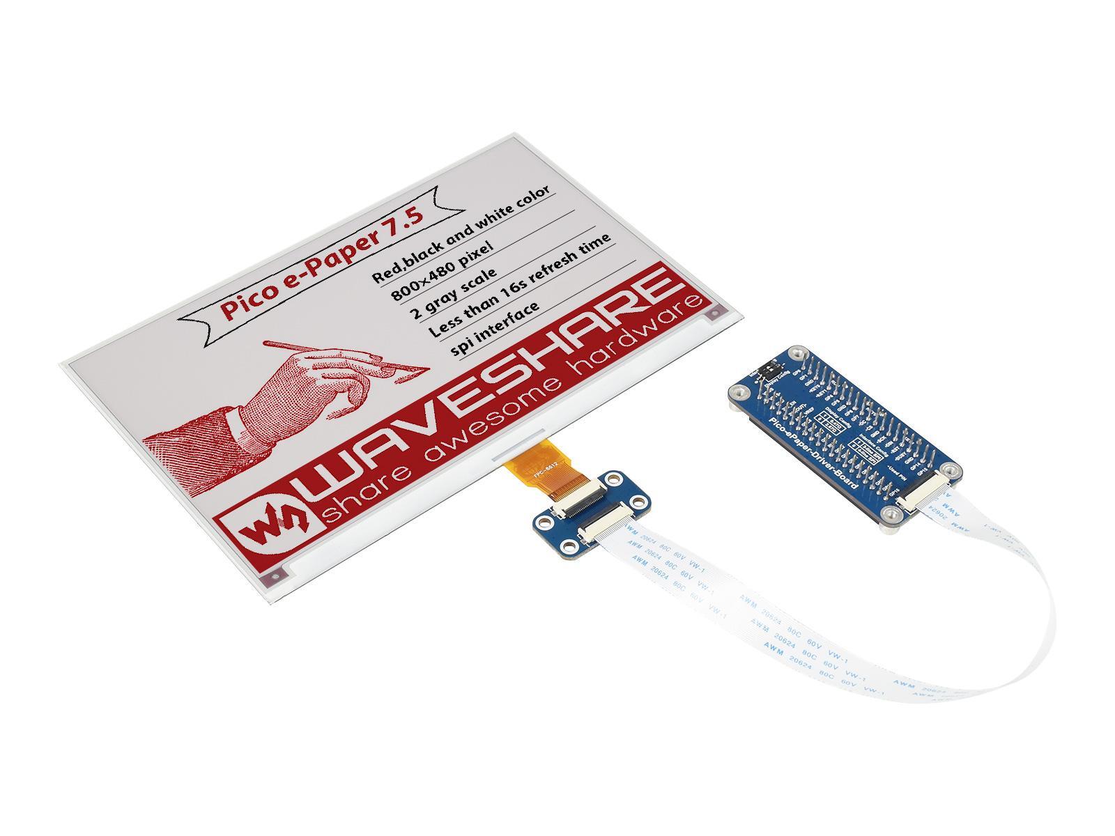 Sertronics WaveShare 7.5inch E-Paper E-Ink Display Module (B) for Raspberry Pi Pico 800x480 Red Black White SPI Pico-ePaper-7.5-B