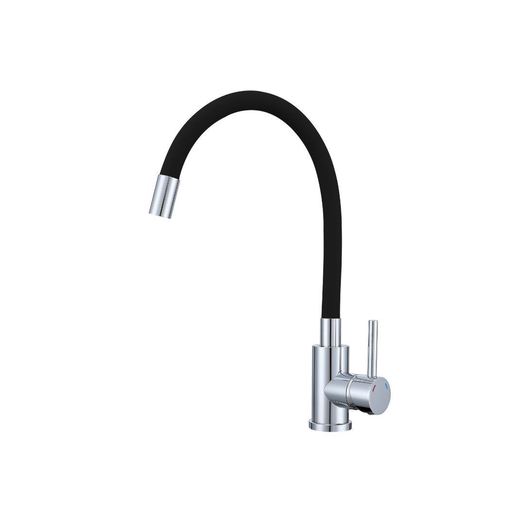 VBChome Küchenarmatur mit flexibler Schwarz Silikonbrause – Flexibler Wasserhahn mit Einhebelmischer für Spüle – Armatur Chromdetails