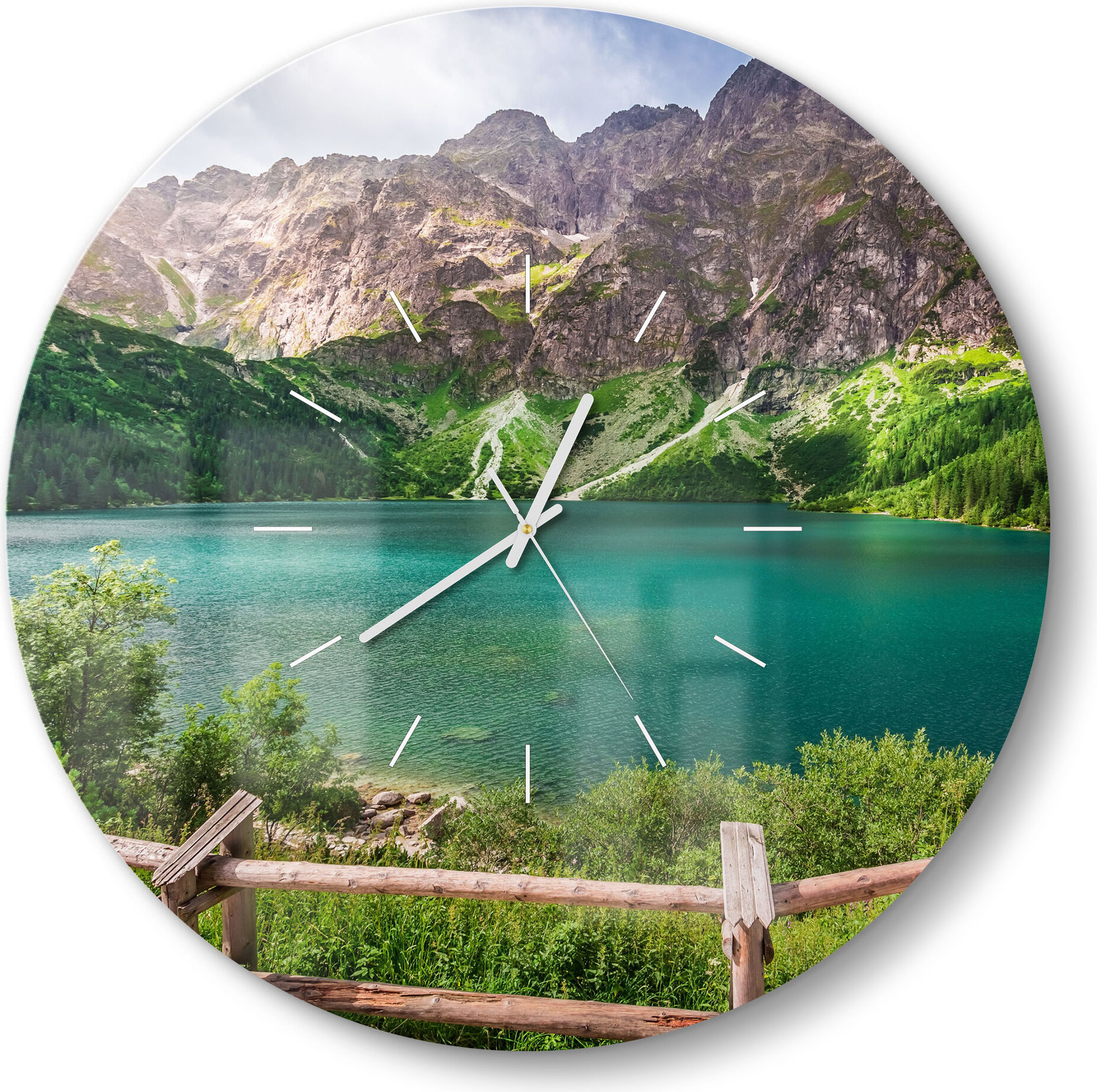 DEQORI Glasuhr Ø50 cm Modern 'See vor Bergkulisse' Wanduhr Glas Uhr Design leise WC-D50-M-1967