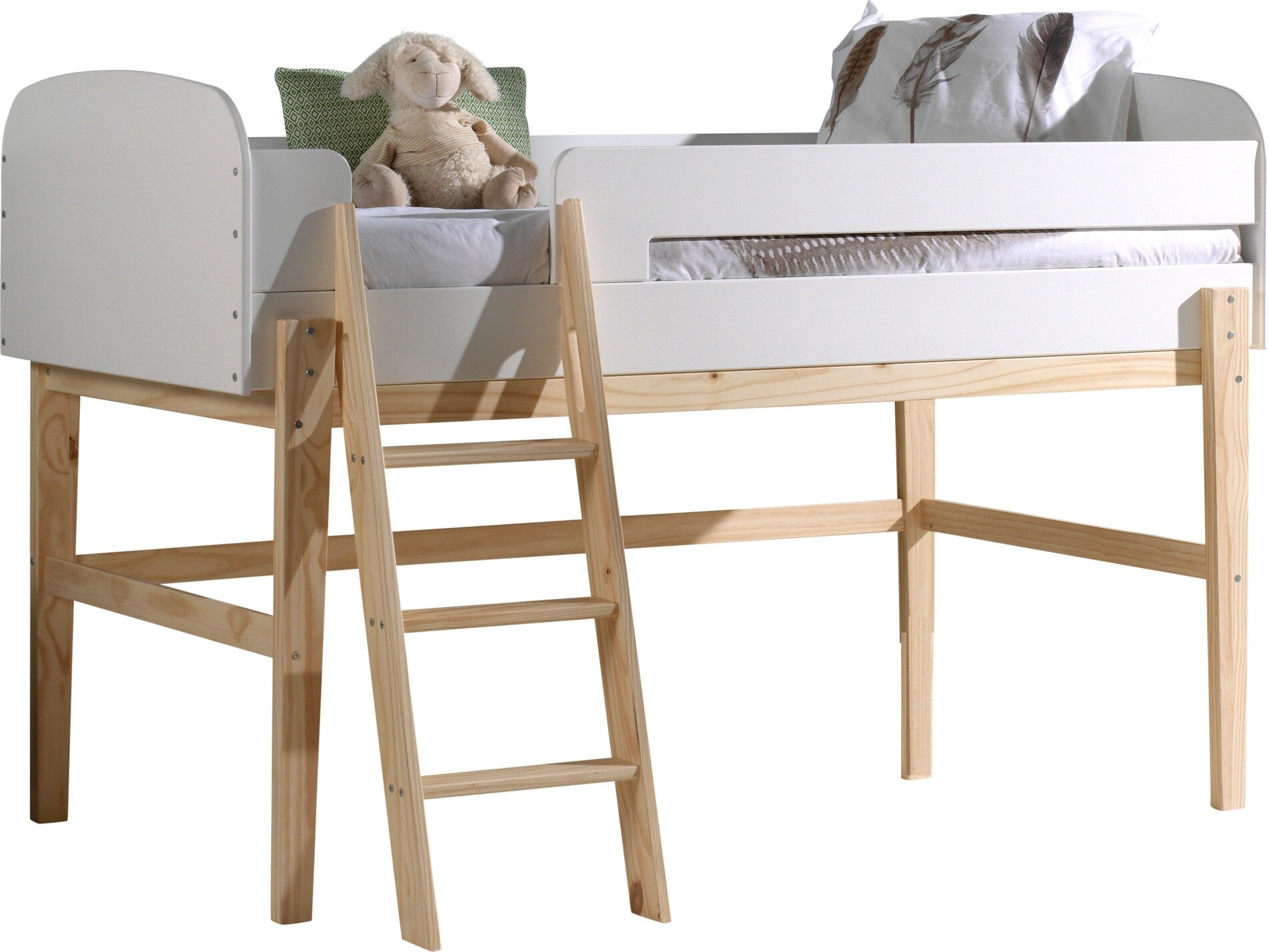 Hochbett >KIDDY< in Weiß aus Massiv Kiefer und MDF - 204,4x126x129,4cm (BxHxT)