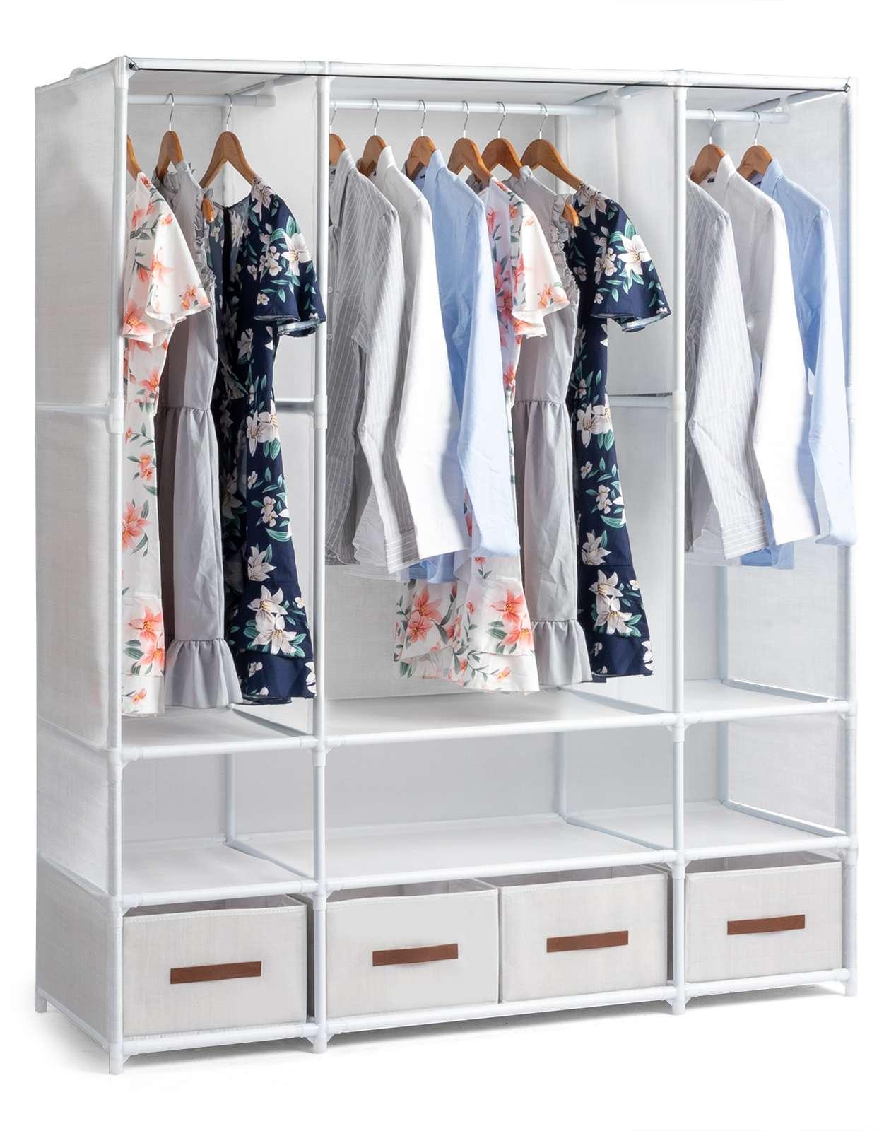 Zimilo Stoffkleiderschrank, 144 x 45 x 166,5 cm, 3 Kleiderstangen, 4 Boxen mit Vorhang, Offenes Regal, Mobiler Kleiderschrank, Weiß