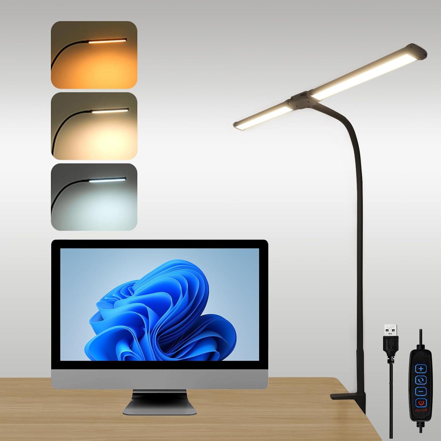 lapalife LED Schreibtischlampe Doppelkopf 60cm Klemmbar Dimmbar 3 Farbtemperaturen Verstellbarer Augenschutz Tischlampe Bürolampe, Schwarz