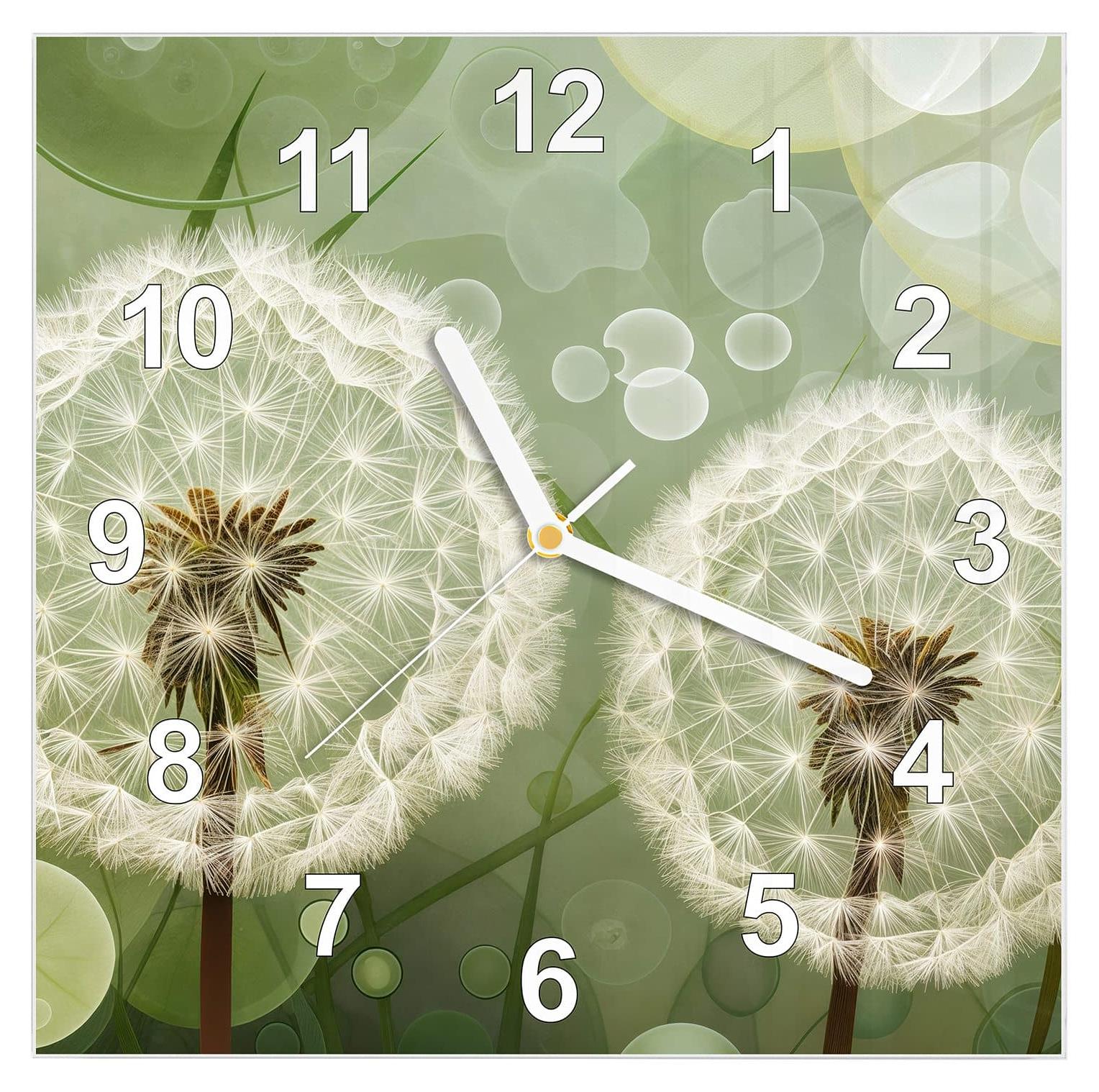 Primedeco Wanduhr aus Glas mit Motiv Löwenzahnzarte Blüten- 30 x 30 cm - inkl. Aufhängesystem