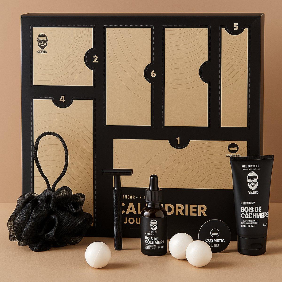 6-dňový adventný kalendár pre mužov - luxusná súprava starostlivosti so sprchovacím gélom, holiacim strojčekom, parfumom a kúpeľovými doplnkami - darčeková kazeta pre mužov - čierna