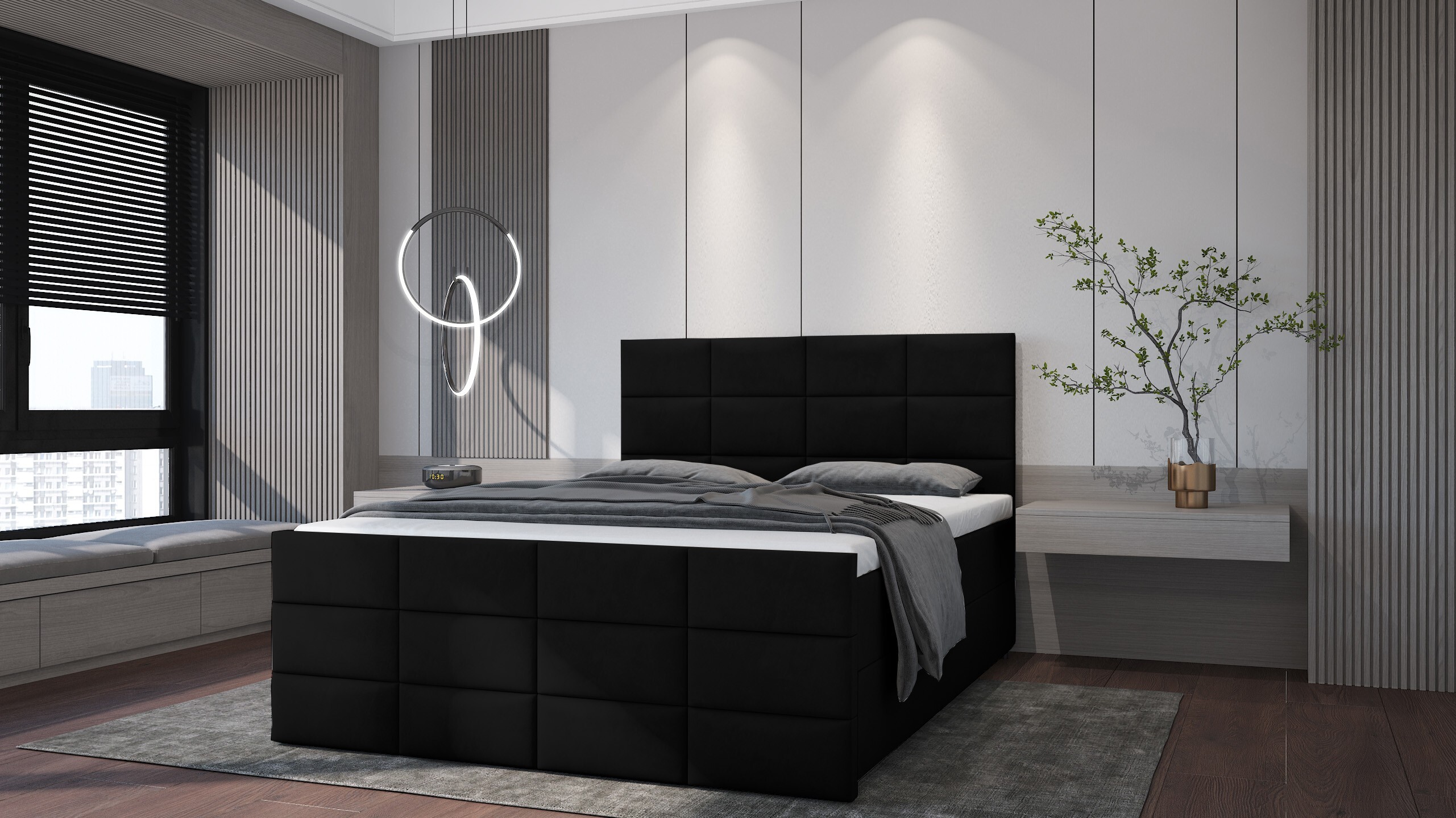 PREDAJ LEADER skriňová pružinová posteľ ANKARA 160x200 cm čalúnená posteľ s dvoma zásuvkami, kompletná súprava s matracom a topperom (4 cm), čierna, posteľná látka JASMINE 100