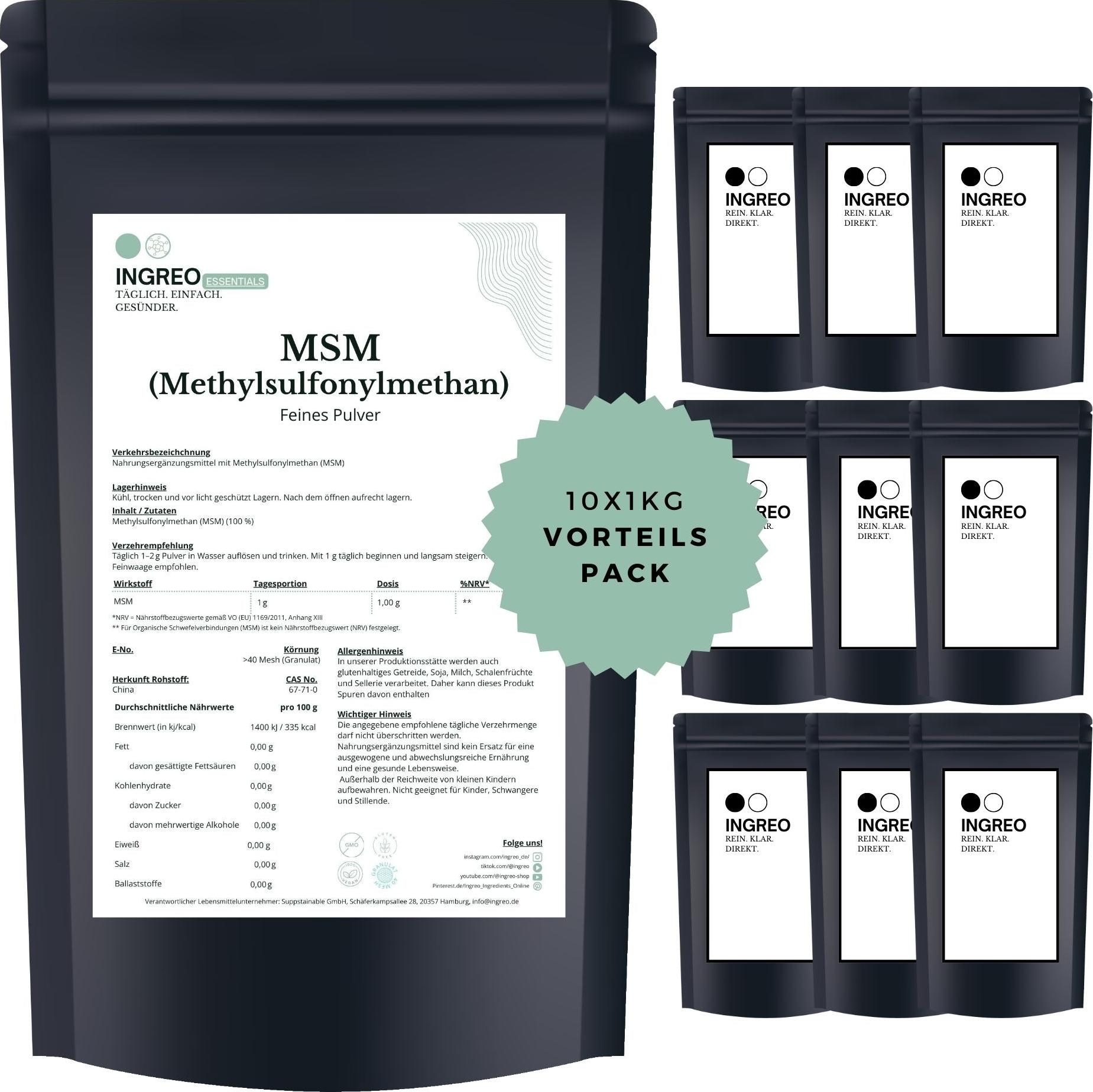 INGREO Essential MSM (Methylsulfonylmethan) Feines Pulver (>100 Mesh) – 10kg (10X1kg)