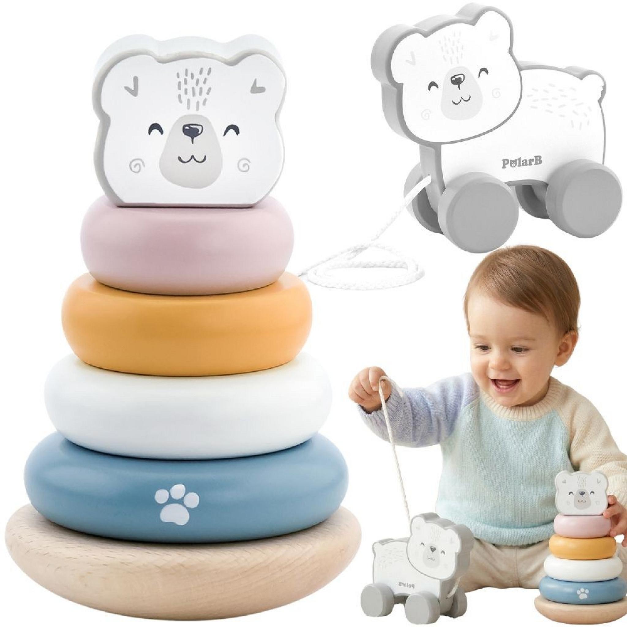 vigatoys Viga Polarb Eisbären-Set Holzpyramide + Eisbär zum Ziehen 44227