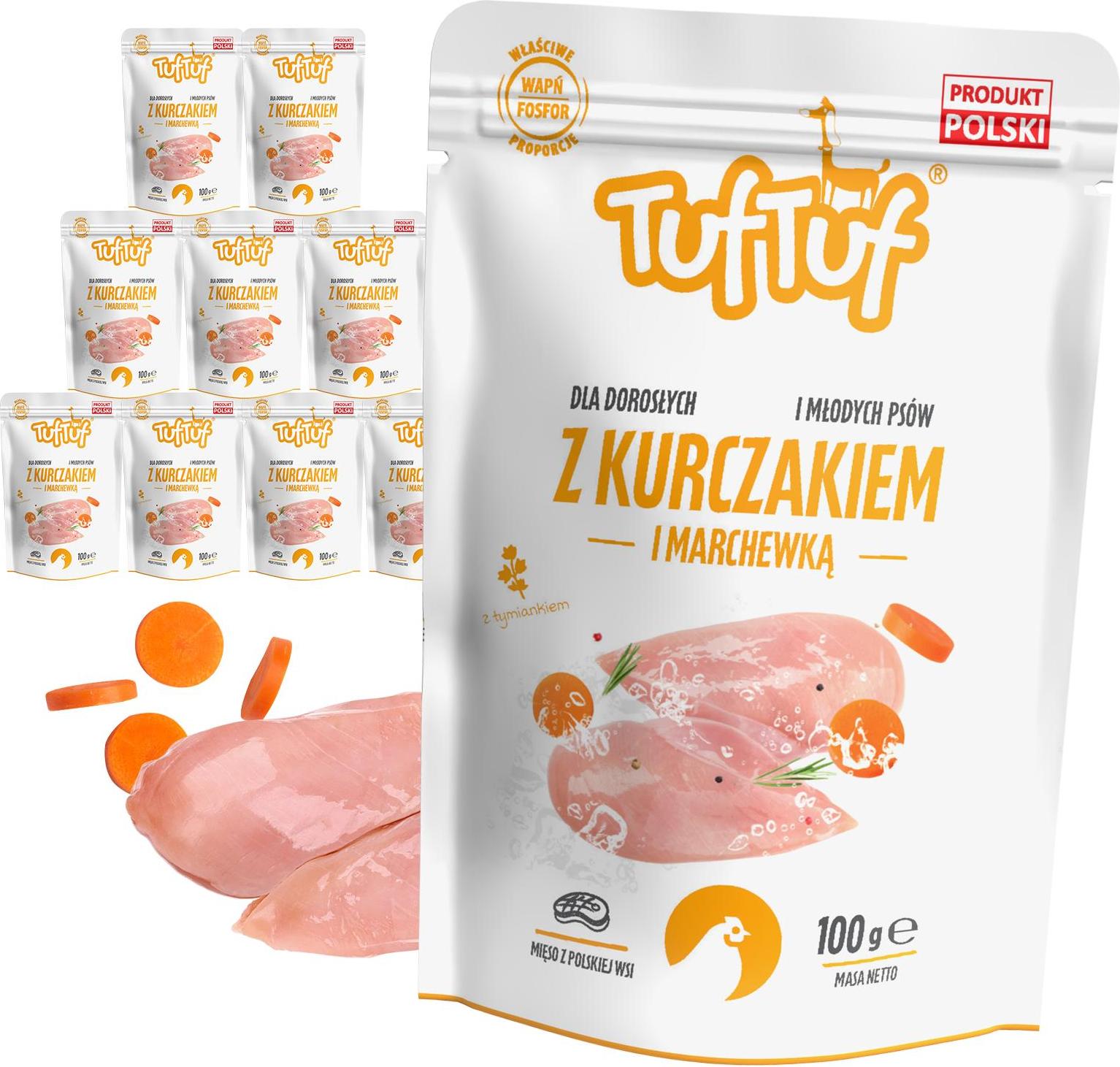 Tuftuf Hundefutter - HÜHNCHENFLEISCHWURST MIT KAROTTEN - 1kg - Nassfutter - 10x100ml - Hundenassfutter - Nassfutter Huhn