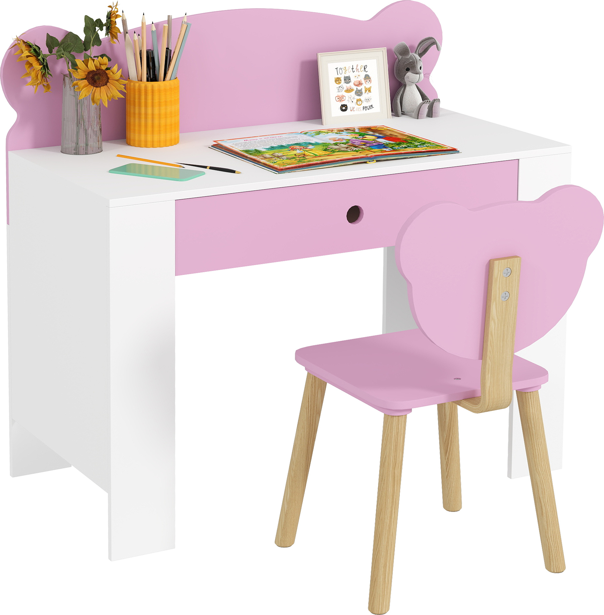 AIYAPLAY Kinderschreibtisch Set mit Tischplatte & Schublade Kinder Schreibtisch und Stuhl mit Bärenform Schülerschreibtisch Kindertisch Jugendschreibtisch für Jungs & Mädchen Rosa 312-136V90PK