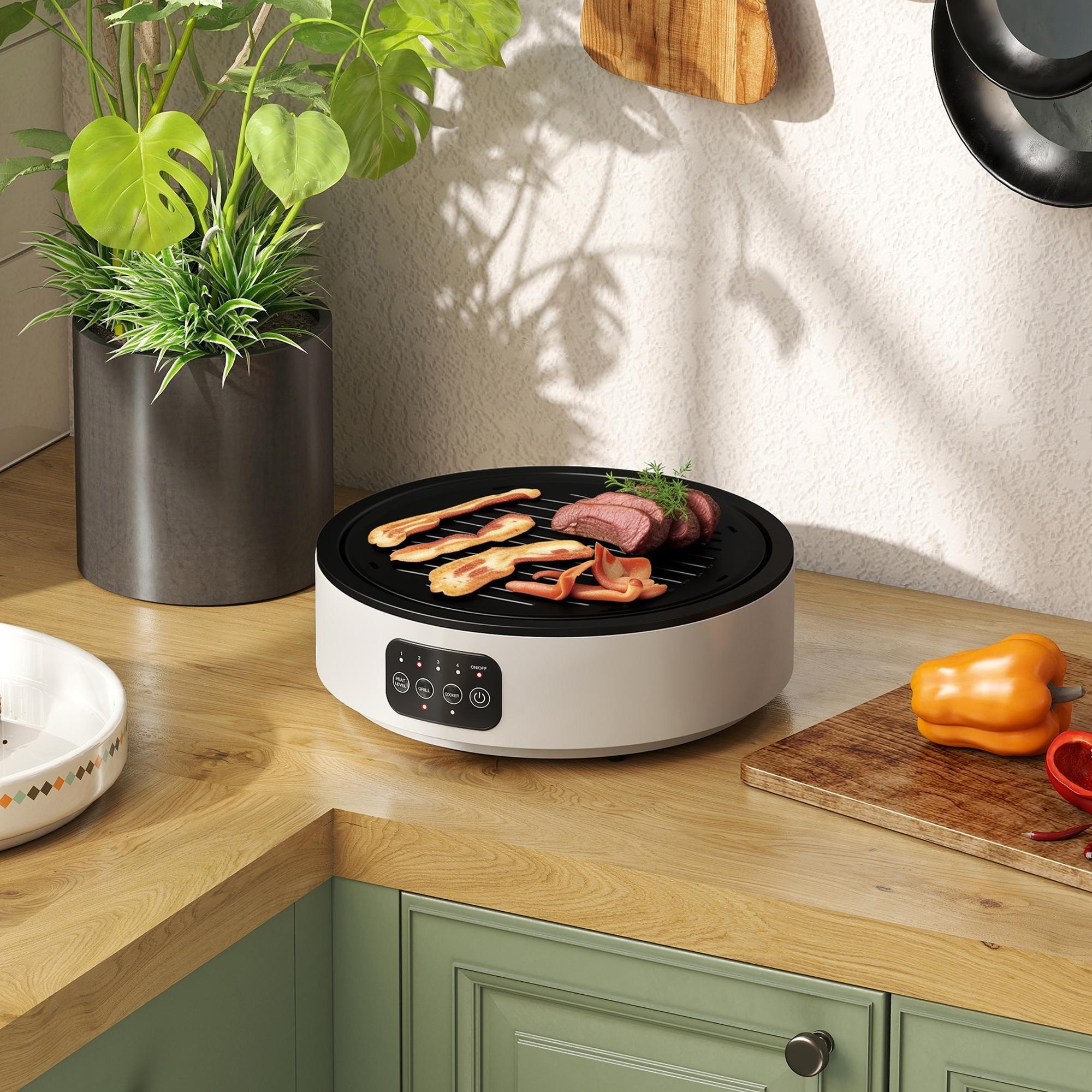 SUGIFT Dual-Keramikkochfeld, 2-in-1 Design, zum Kochen und Grillen, 2000W, 4 Hitzestufen, LED-Display, Fettfangschale, Stahl, Glas, 36 x 34 x 10 cm