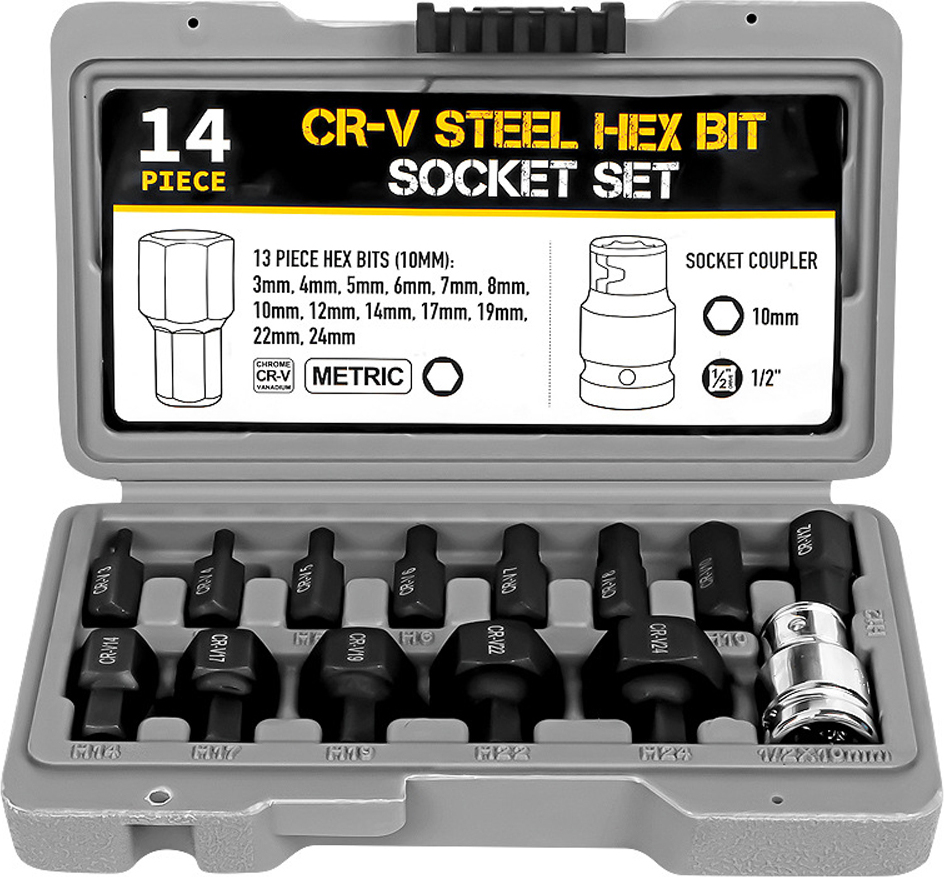 14 ks 1/2in Hex Bit Socket Set Electric Key Ratchet Hex Bits Accessories Car Repair Machine Maintenance tools Kit