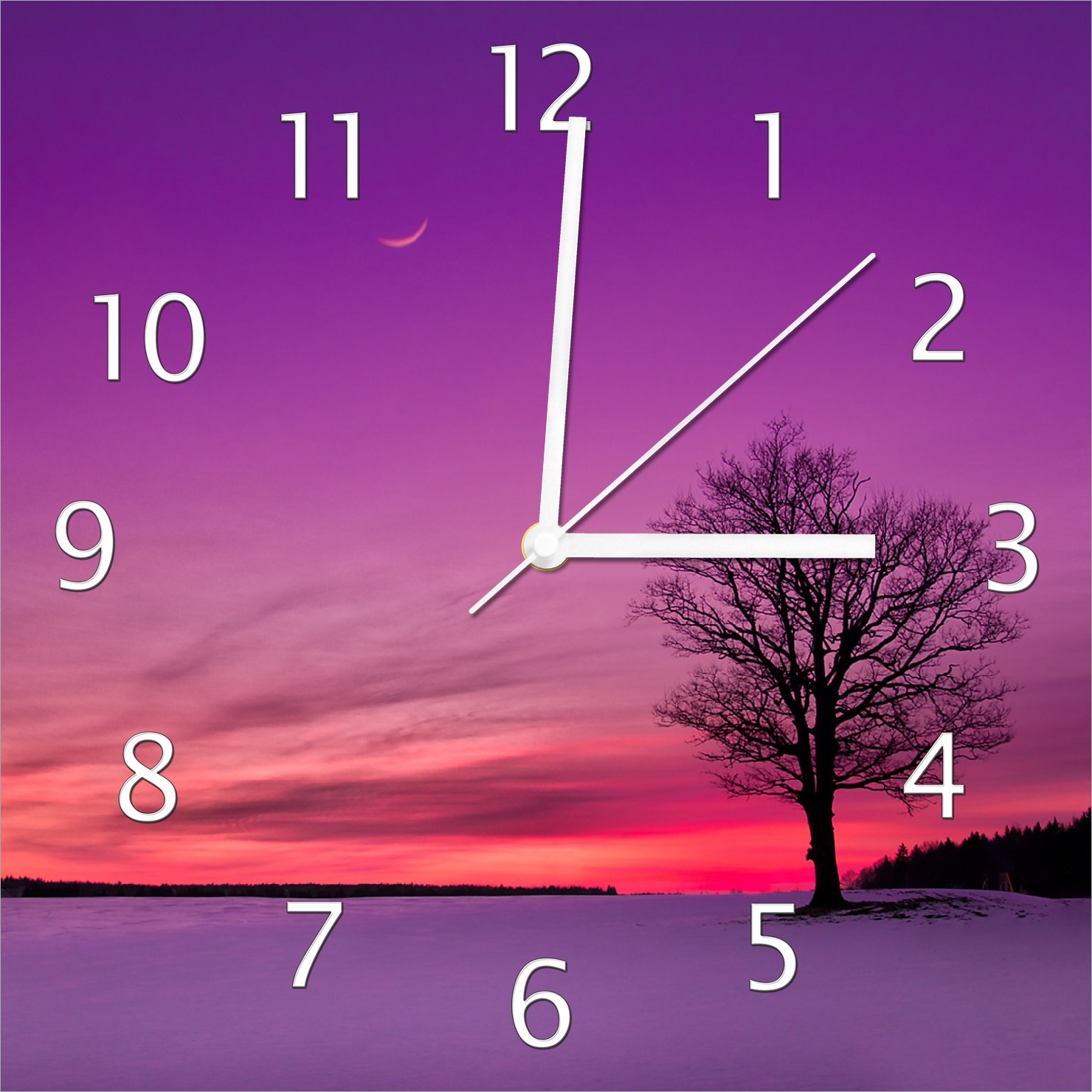 Wallario Design Wanduhr Mond und Baum am Abend bei Schnee aus Echtglas, Größe 30 x 30 cm guk0306-3030