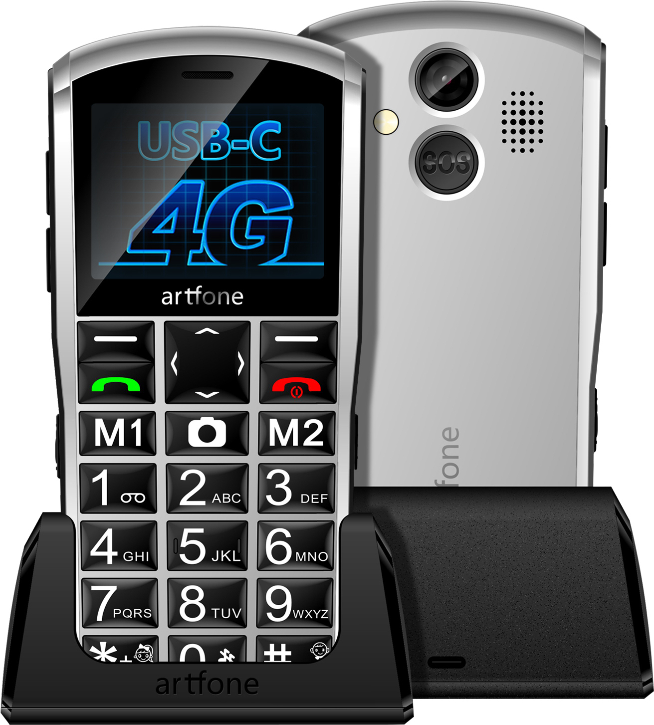 artfone Seniorenhandy A400 mit Notruftaste | Handy mit Kamera | 4G | Dual-SIM | Silber