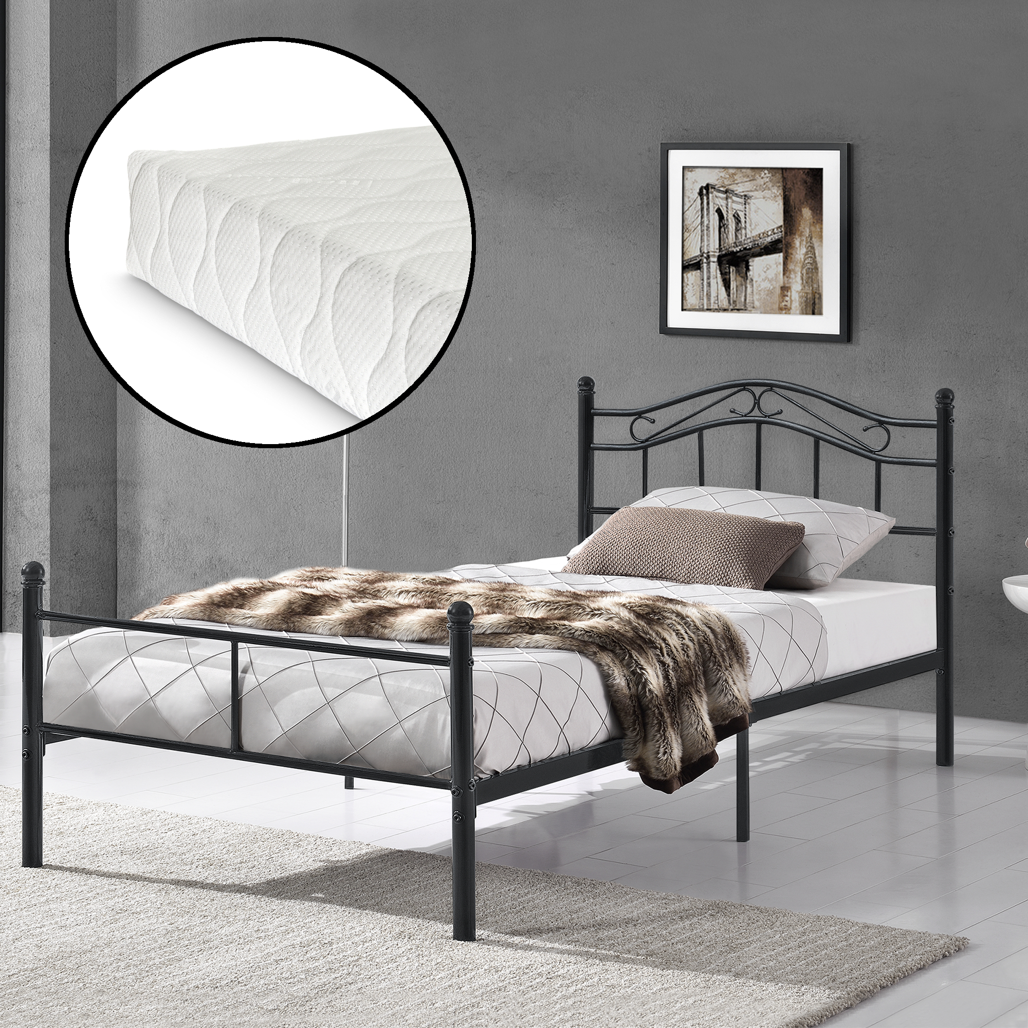 Metallbett 90x200 schwarz mit Matratze Bett Jugendbett Metall Kopfteil [en.casa]