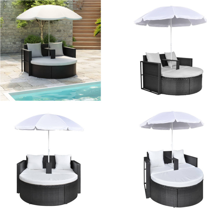 vidaXL Záhradné lehátko so slnečníkom hnedé z polyratanu - Záhradné kreslo - Záhradné stoličky - Lehátko - Lehátka