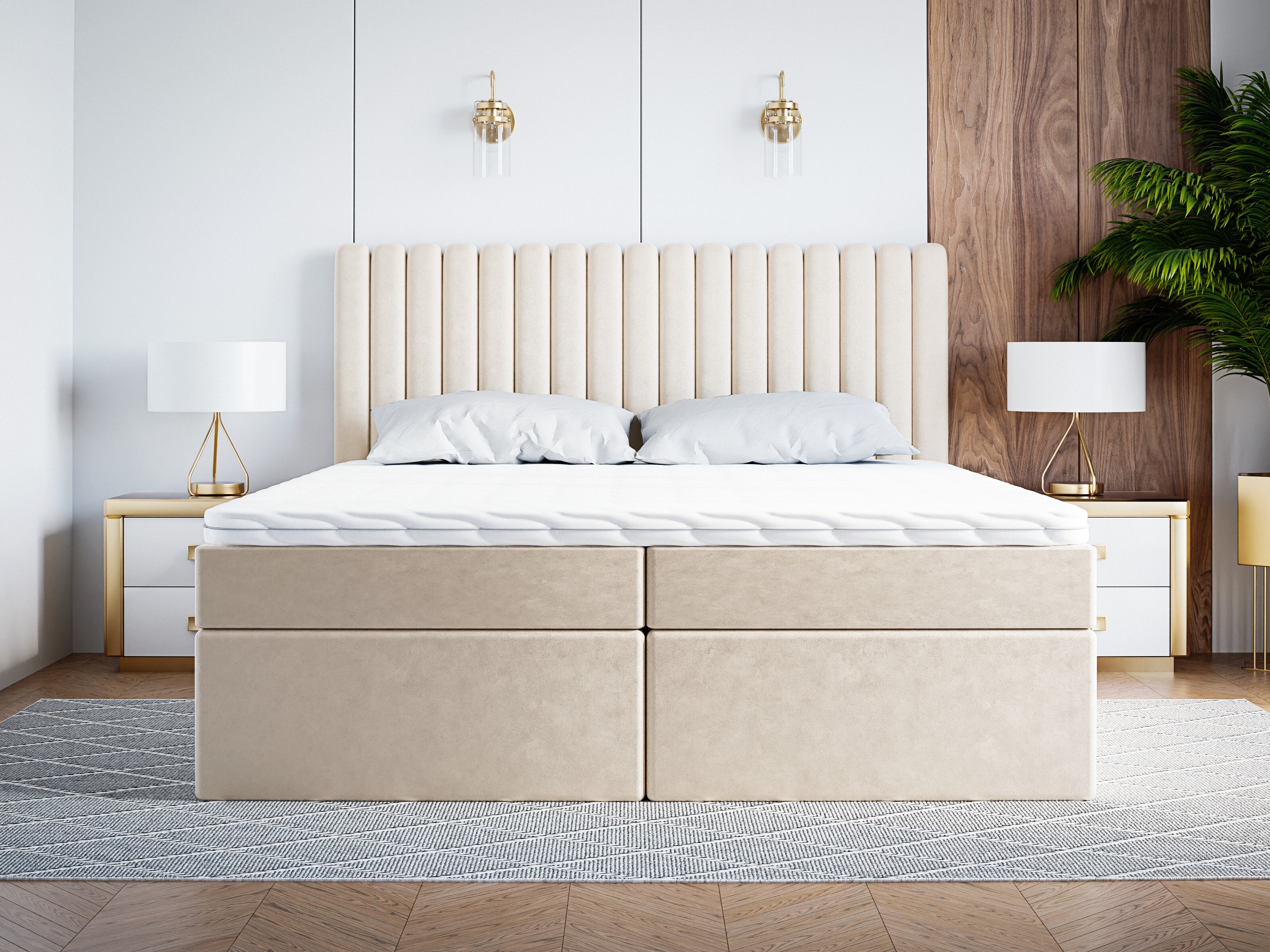 ADIDAR skriňová posteľ Oskar 200x200cm s matracom - čalúnená posteľ s dreveným rámom postele, topper, podstavec pod posteľ - béžová Jasmín 21 - s doručením domov