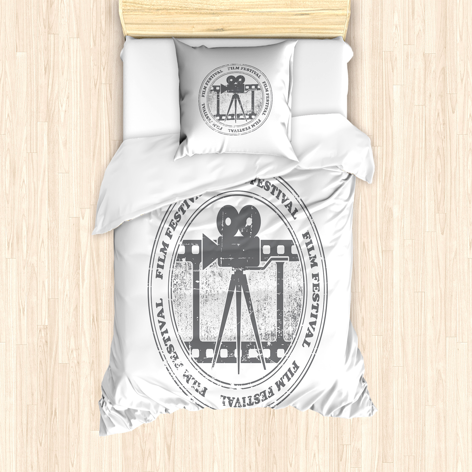 ABAKUHAUS Kino Bettbezug Set für Einzelbetten, Filmfest, Milbensicher Allergiker geeignet mit Kissenbezug, 135 cm x 200 cm - 80 x 80 cm, Grau weiß nevde_56586_135x200_de