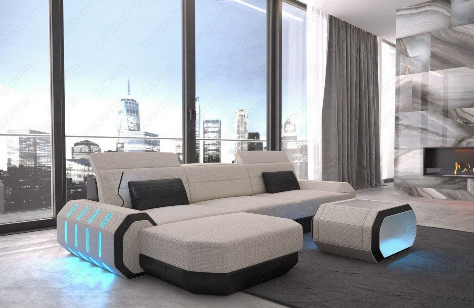 Stoffsofa Roma mit Licht USB Webstoff Strukturstoff