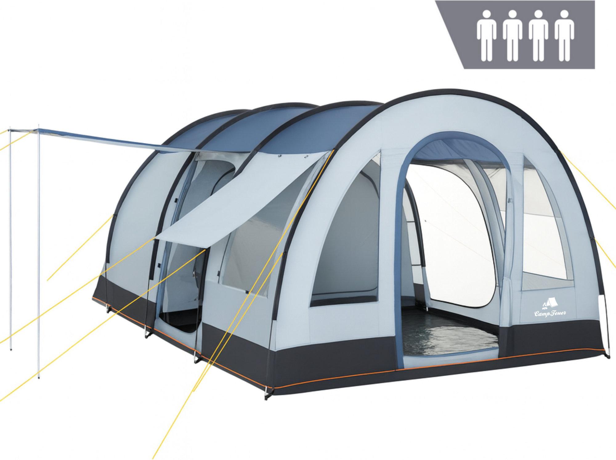 CampFeuer Zelt TunnelX für 4 Personen, Grau/Blau, Tunnelzelt mit 3 Eingängen, 5000 mm Wassersäule