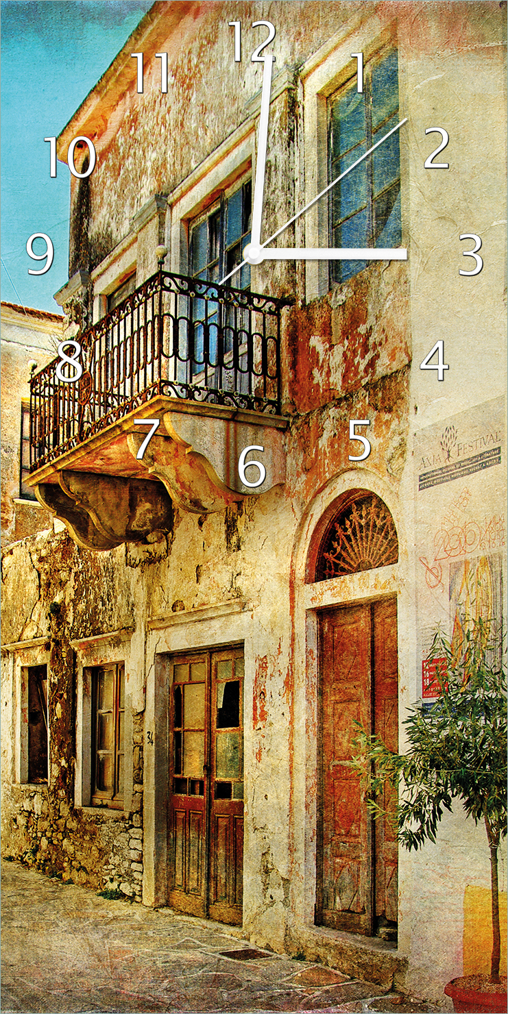 Wallario Design Wanduhr Gasse im Süden, Urlaub in Griechenland aus Echtglas, Größe 30 x 60 cm guk0146-3060