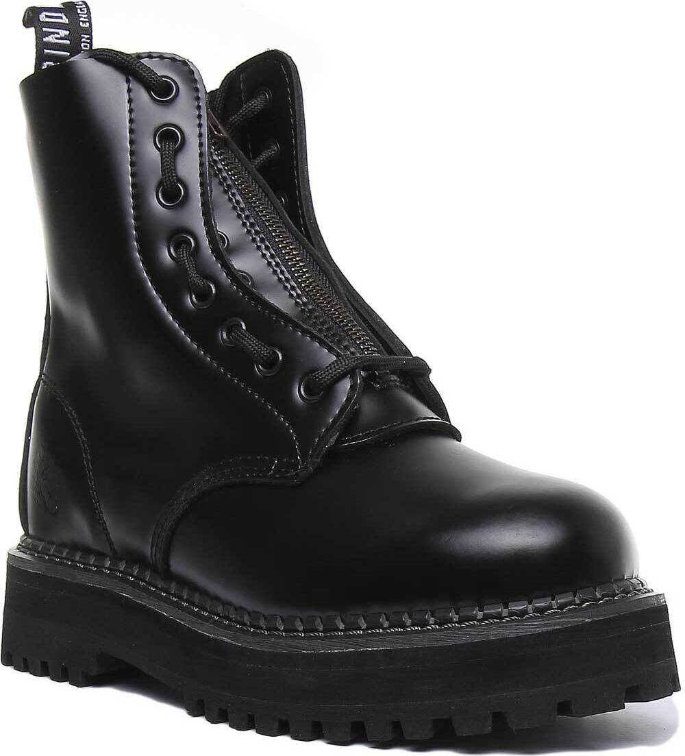 Grinders Zip & Lace 8 Loch Schnürung Damen Lederknöchelstiefel in Schwarz – 40. I / Schwarz