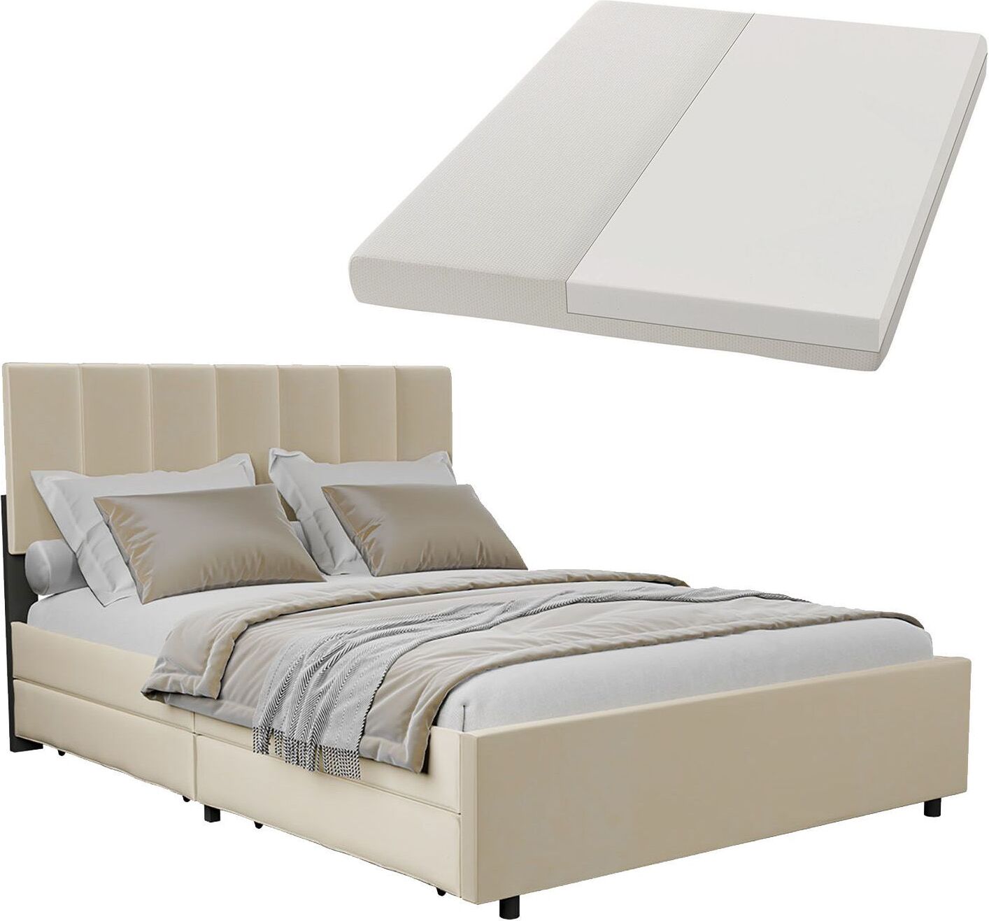 Juskys Samt Polsterbett Soria 140x200 cm - Matratze, Lattenrost & Schubladen - Beige 300270999