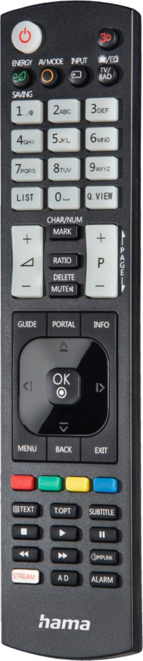 Hama Universalfernbedienung fr LG TVs (Infrarot, lernfhig, leuchtende Tasten, smarte Taste, Easy Mode Funktion, ergonomische Haupttasten, 10m Reichweite) schwarz 00221061