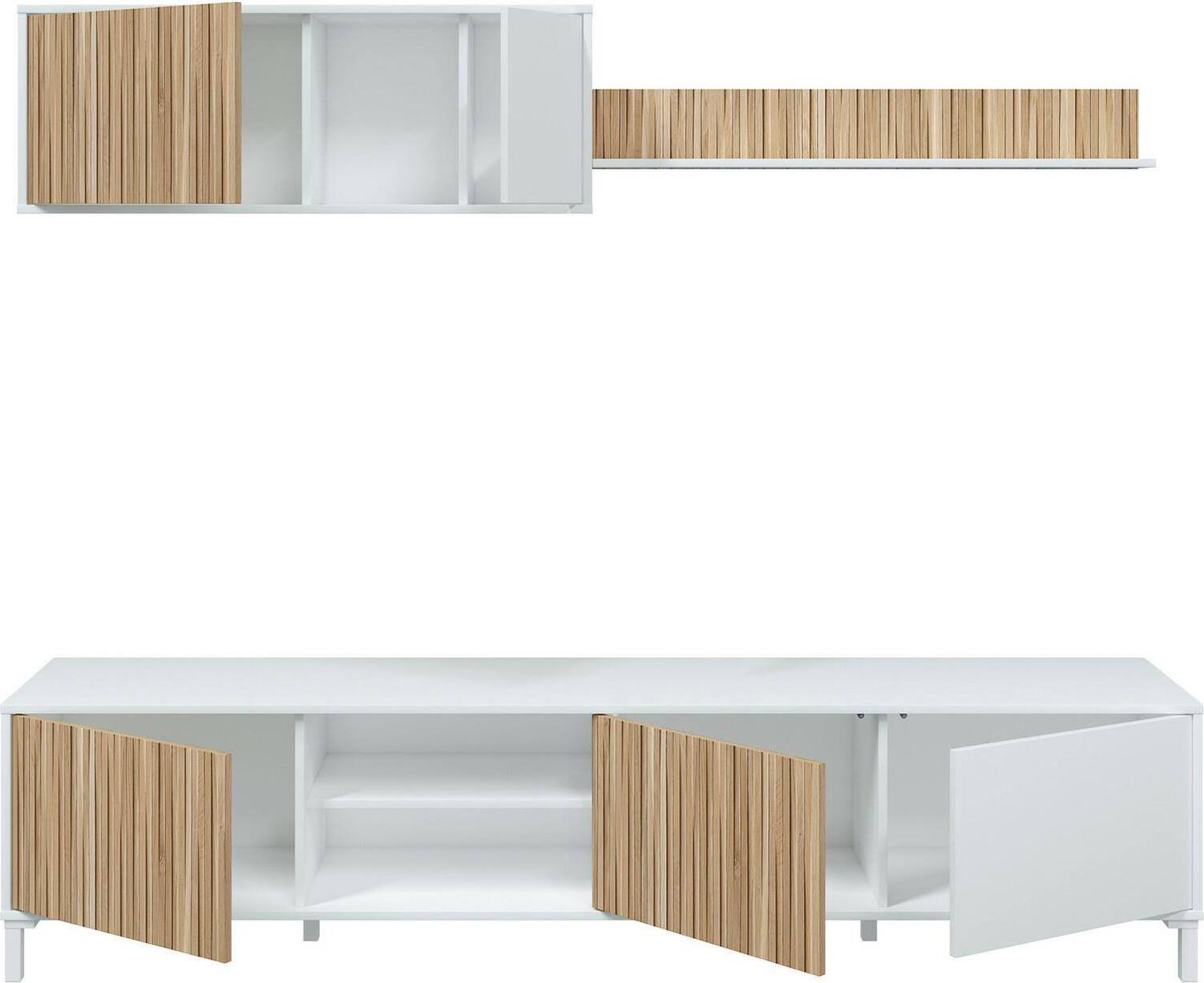 Dmora Wohnzimmermöbel Grant, Modulares Wohnzimmerset, Mehrzweck-Wohnzimmermöbel, Moderner TV-Schrank, 200x40 h47 cm, Weiß und Eiche