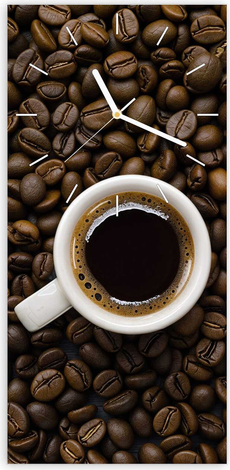 Primedeco Wanduhr aus Glas mit Motiv Kaffeebohnen und Tassen- 30 x 60 cm - inkl. Aufhängesystem
