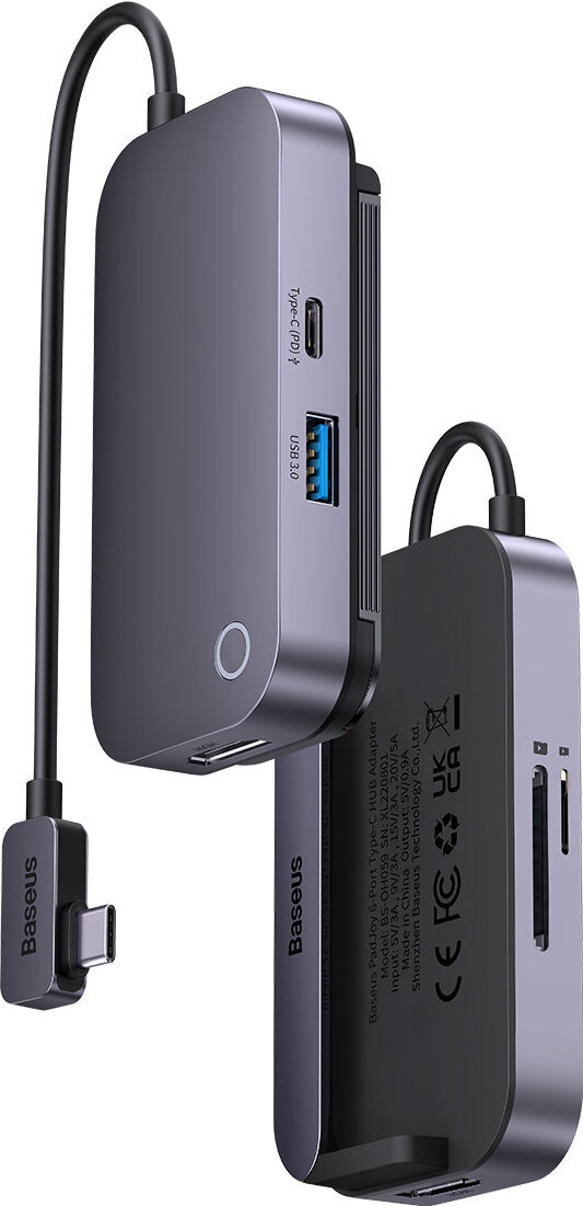 Rozbočovač 6 v 1 Baseus PadJoy USB-C a USB 3.0 + HDMI + USB-C PD + mufa 3,5 mm + SD/TF (gri)