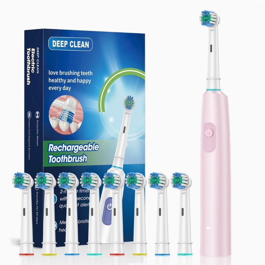 Exlene Elektrische Zahnbürste, rotierend, wiederaufladbar, mit 8 weichen Bürstenköpfen, rosa