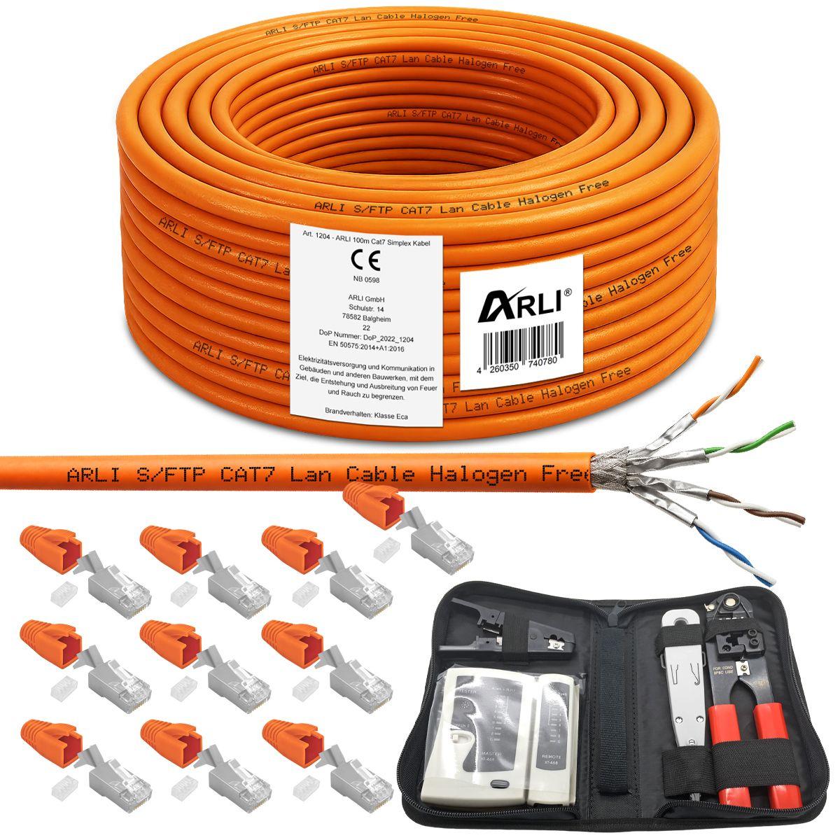 ARLI 100m Cat7 Verlegekabel S/FTP PIMF + Netzwerk Werkzeugset + 10x RJ45 Stecker mit Zugentlastung