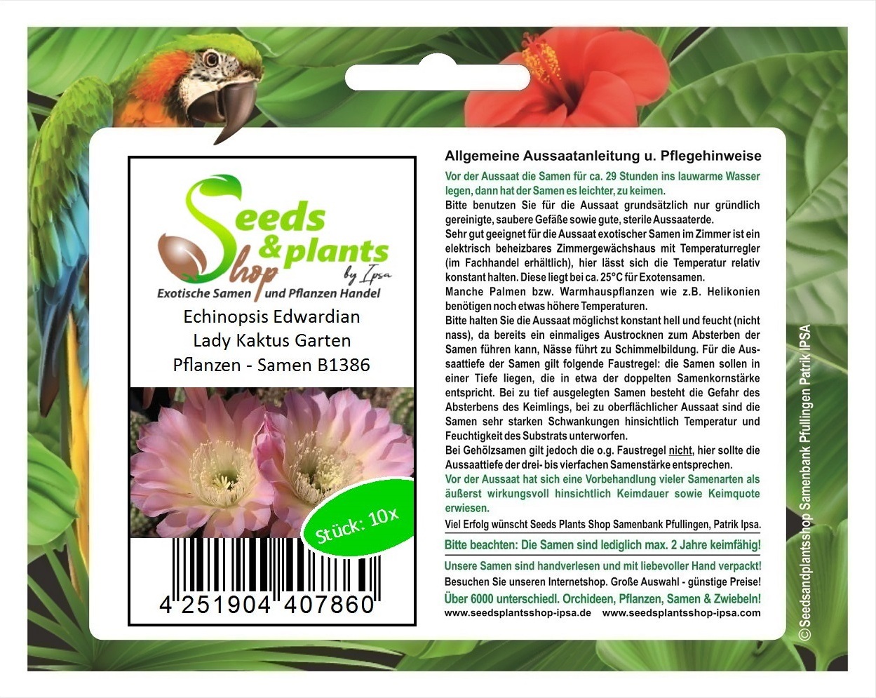 Seeds & Plants Shop by Ipsa 10x Echinopsis Edwardian Lady Kaktus Garten Pflanzen - Samen B1386