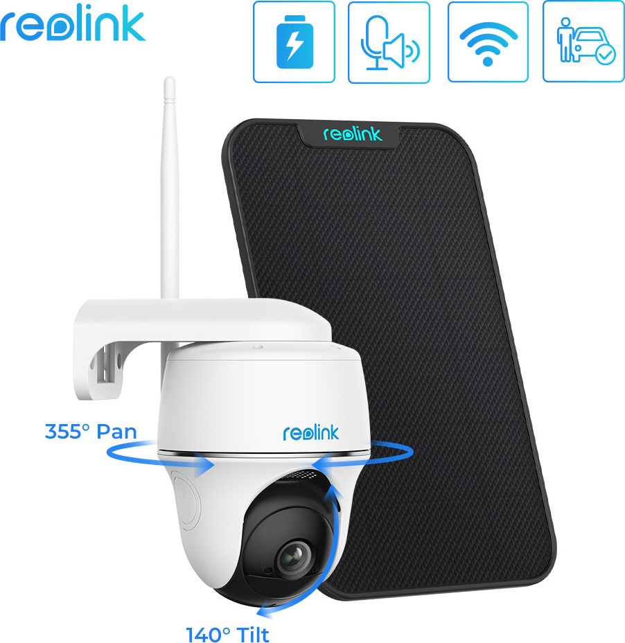 Reolink 2K PTZ solárna kamera na vonkajšie batérie 355°/140° výklopná kamera WLAN na vonkajšie použitie s 2,4/5GHz WiFi, detekcia osôb/vozidiel, PIR senzor, 2-cestný zvuk, solárny panel Argus PT-2K+
