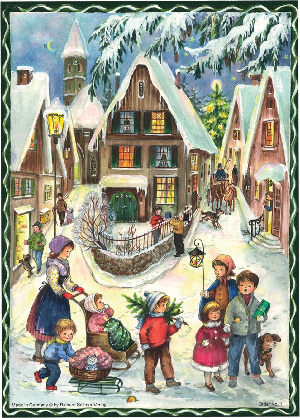 Adventný kalendár A4 s motívom vianočnej dedinky, 24 dvierok