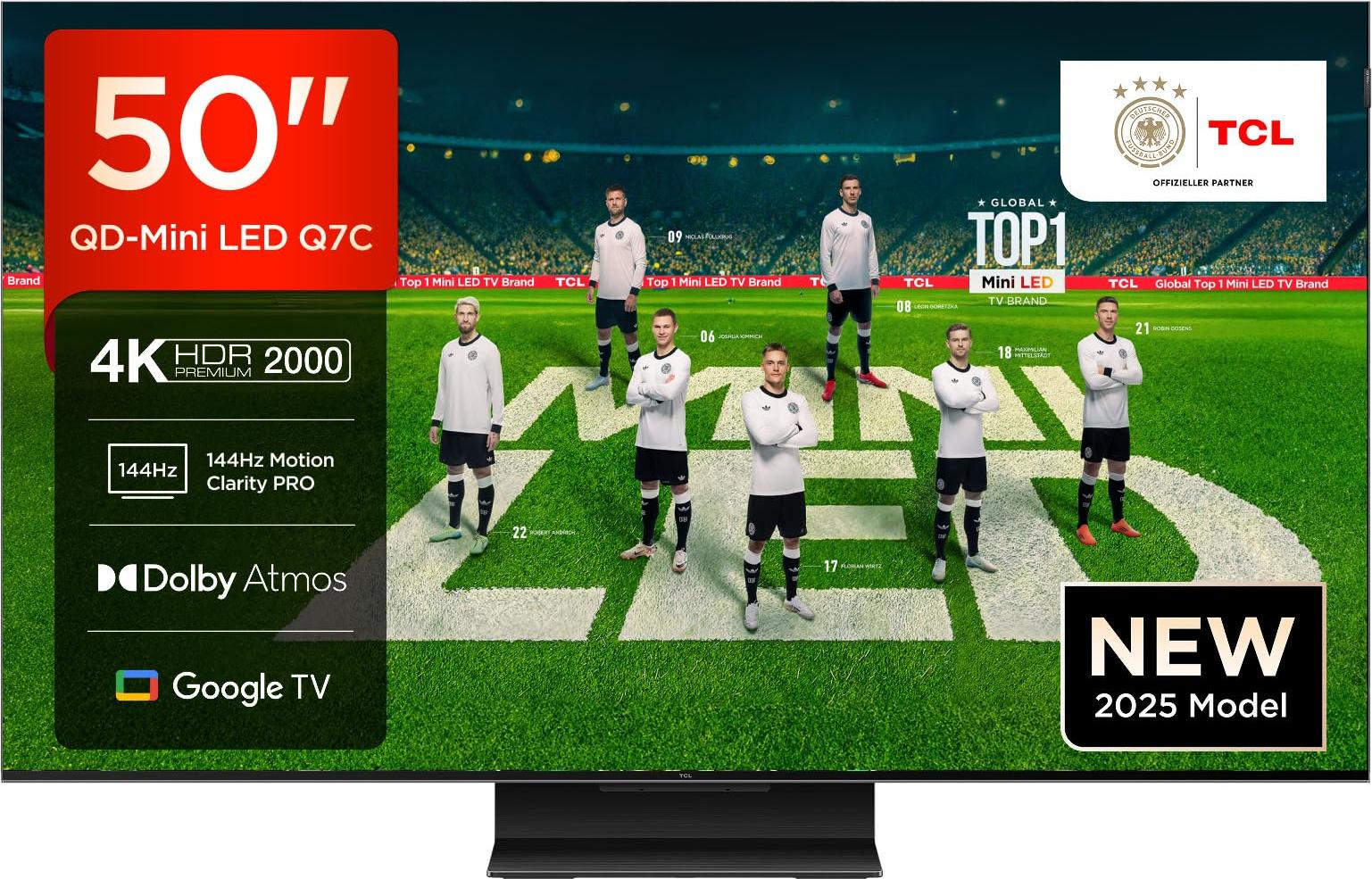 TCL 50Q7C QLED Mini LED Fernseher, 50 Zoll, 4K HDR Premium, Dolby Vision IQ & Atmos, Smart TV mit Google TV, Onkyo 2.0 Sound, 144Hz VRR, AMD FreeSync Premium Pro, HDMI 2.1, AirPlay 2, Alexa