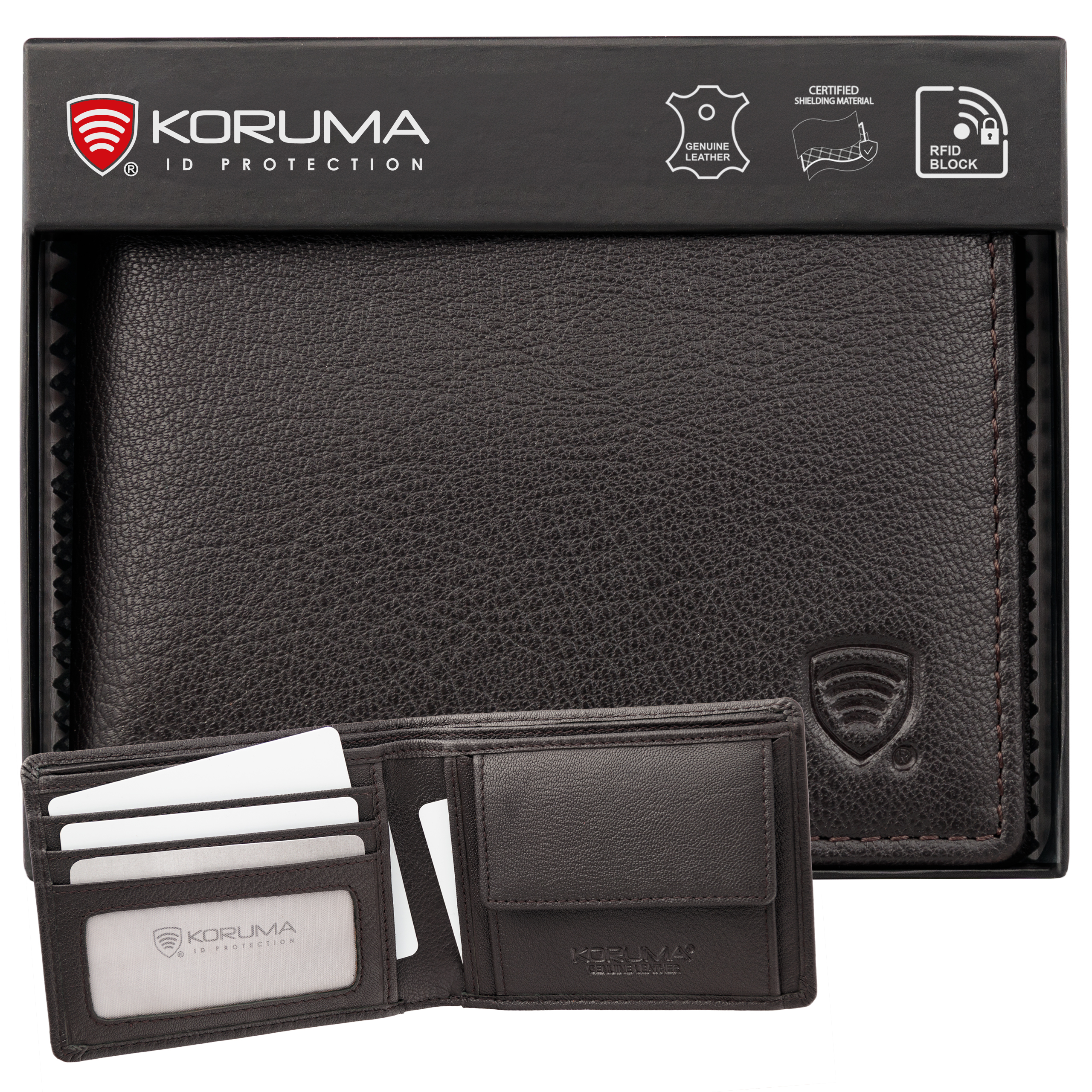 Herren Geldbörse RFID Klein Echt Leder Braun – kleiner Portemonnaie mit Münzfach & Kartenfächern – RFID Schutz – schlank & kompakt / Koruma® SM-901GBR