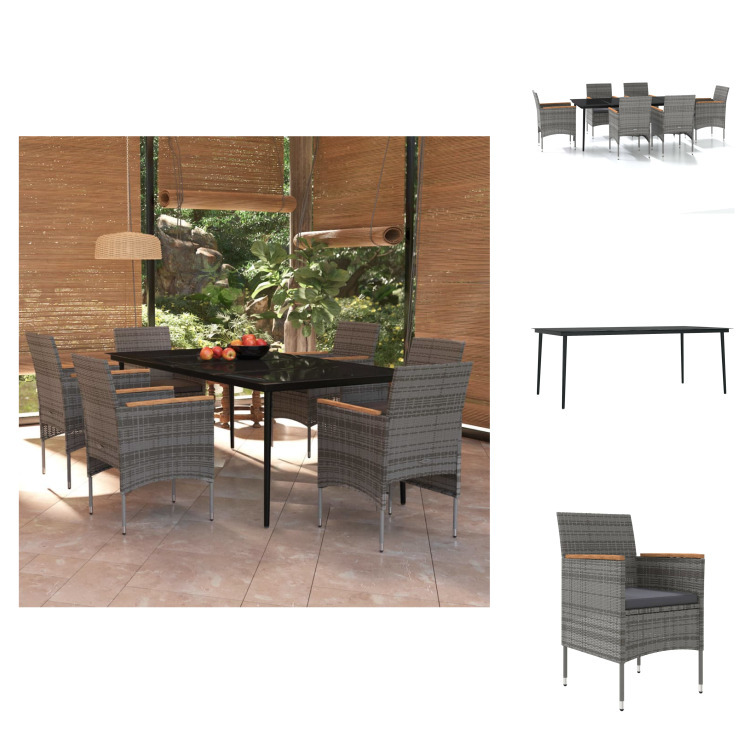 vidaXL 7-dielny záhradný jedálenský set s vankúšmi sivý a čierny - Záhradné nábytkové zostavy