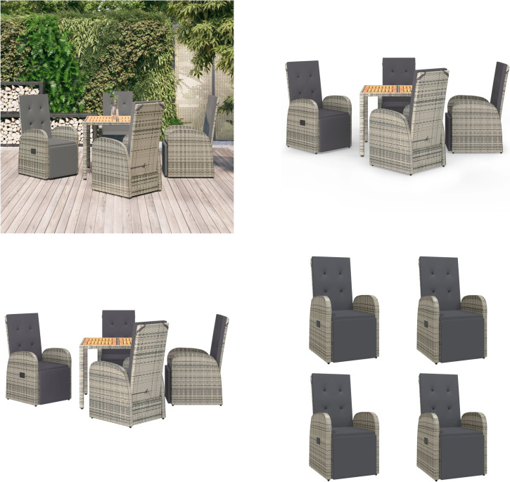 vidaXL 5 tlg. Garten Essgruppe mit Kissen Grau Poly Rattan - Garten Essgruppe - Garten Essgruppen - Essgruppe - Essgruppe Terrasse