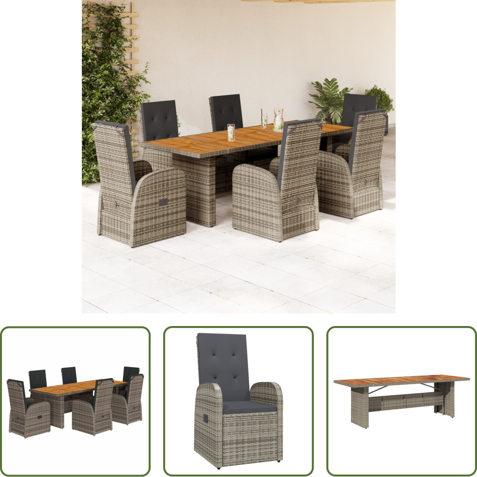 The Living Store 7-dielny záhradný jedálenský set s vankúšmi sivý polyratan