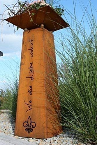 Rostikal Edelrost Gartendeko Säule 1,15 m „Wo die Liebe wohnt“ Metall Deko Pflanzsäule mit Blumenschale 1000826
