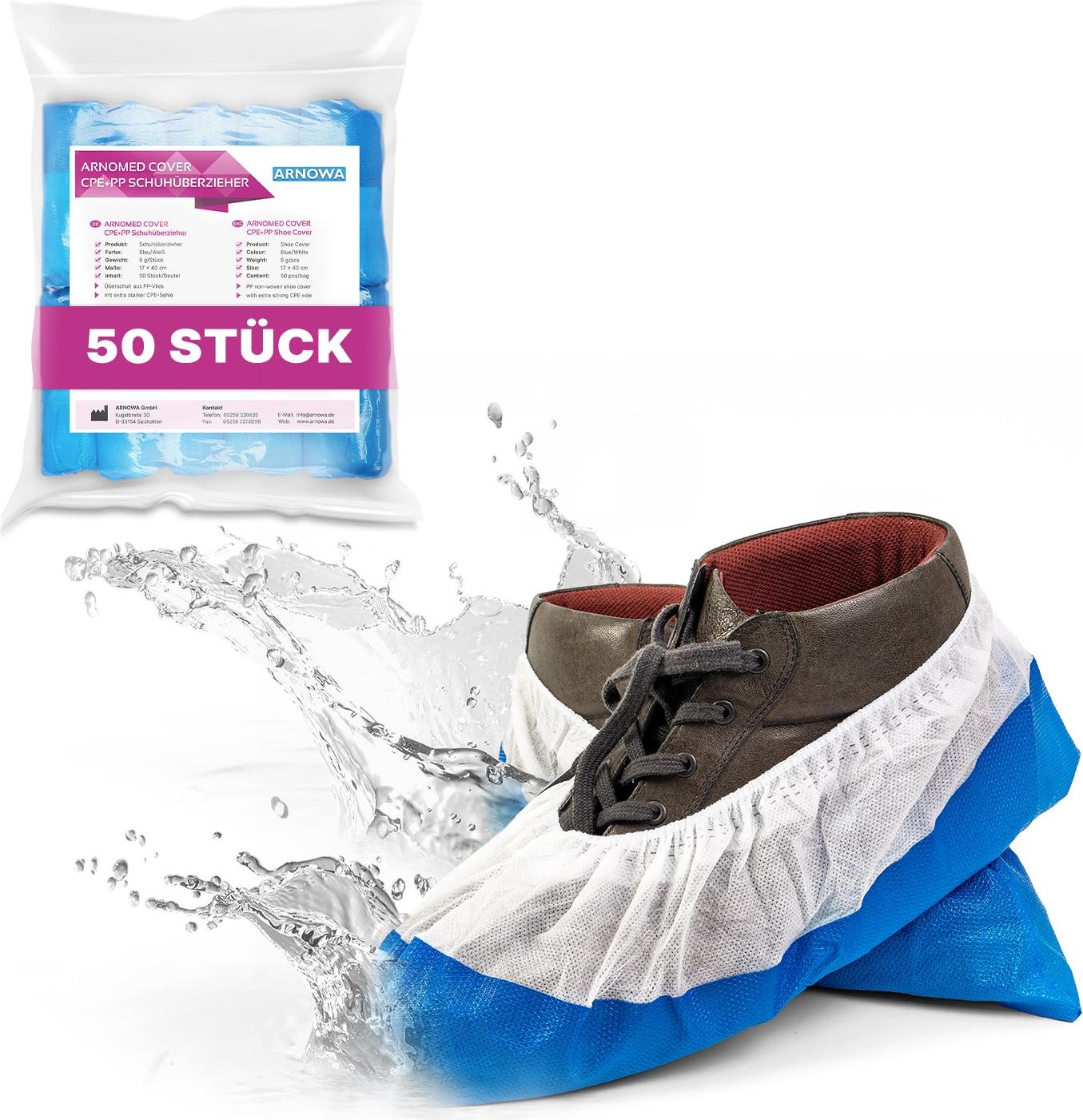 ADEBO Medical CPE Schuhüberzieher – 100 Stück, Wasserfest, Rutschfest, Einweg, Universelle Passform, Blau, Für Hygiene, Lebensmittelverarbeitung & Alltag, Made In Germany